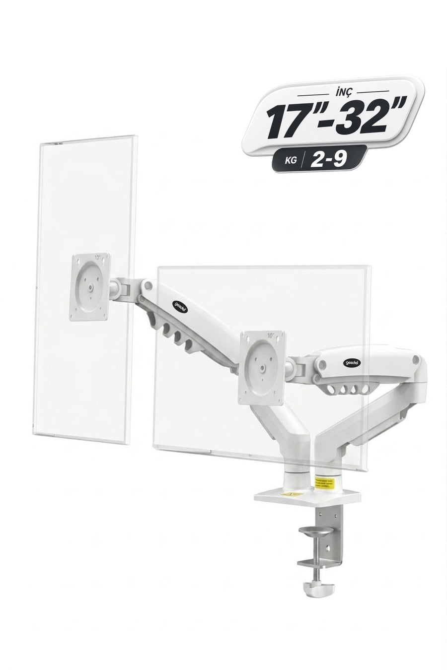 17-32 İnç Amortisörlü Çift Kollu Monitör Kolu Tam Hareketli VESA Uyumlu Masa Kelepçeli Monitör Standı (2-9 kg) - Beyaz