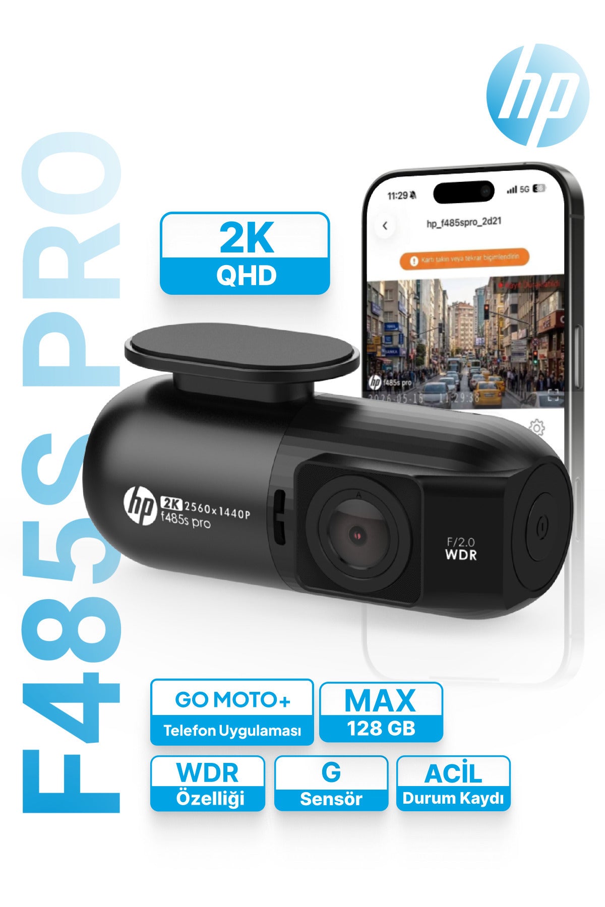 F485S Pro 2K QHD Araç İçi Kamera - Go Moto+ Wi-Fi Telefon Bağlantılı, WDR Gece Görüşlü, G-Sensörlü ve Acil Durum Kayıtlı Akıllı Oto Kamera