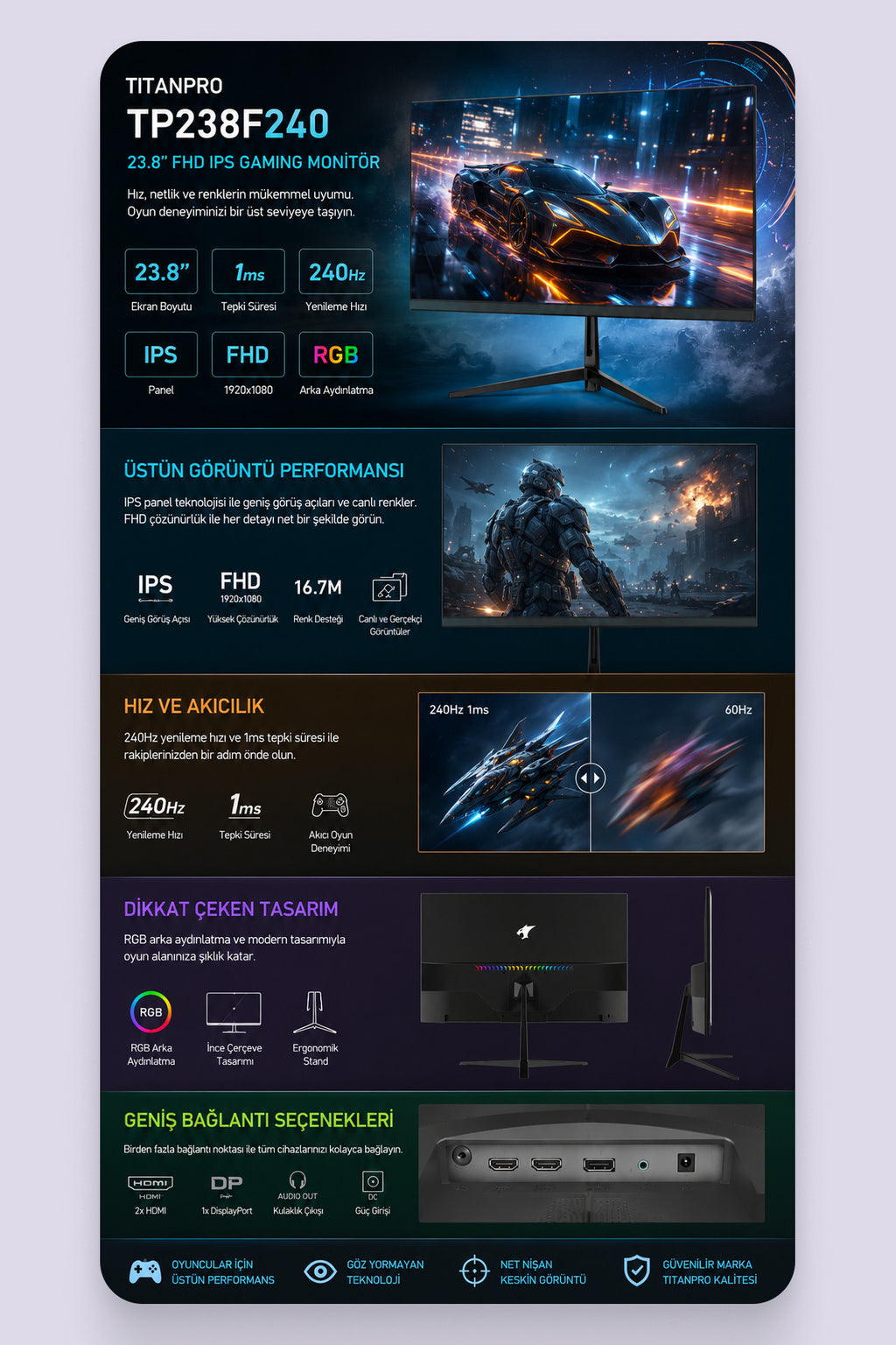 TP238F240 23.8" 1MS 240Hz IPS FHD sRGB Dahili Hoparlörlü Gaming Oyuncu Monitör
