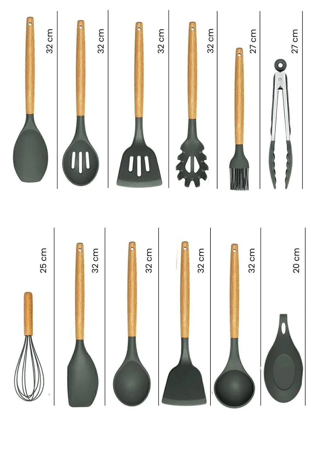 Mikla Isıya Dayanıklı Yanmaz Yapışmaz 33 Parça Silikon Spatula Mutfak Seti Gri