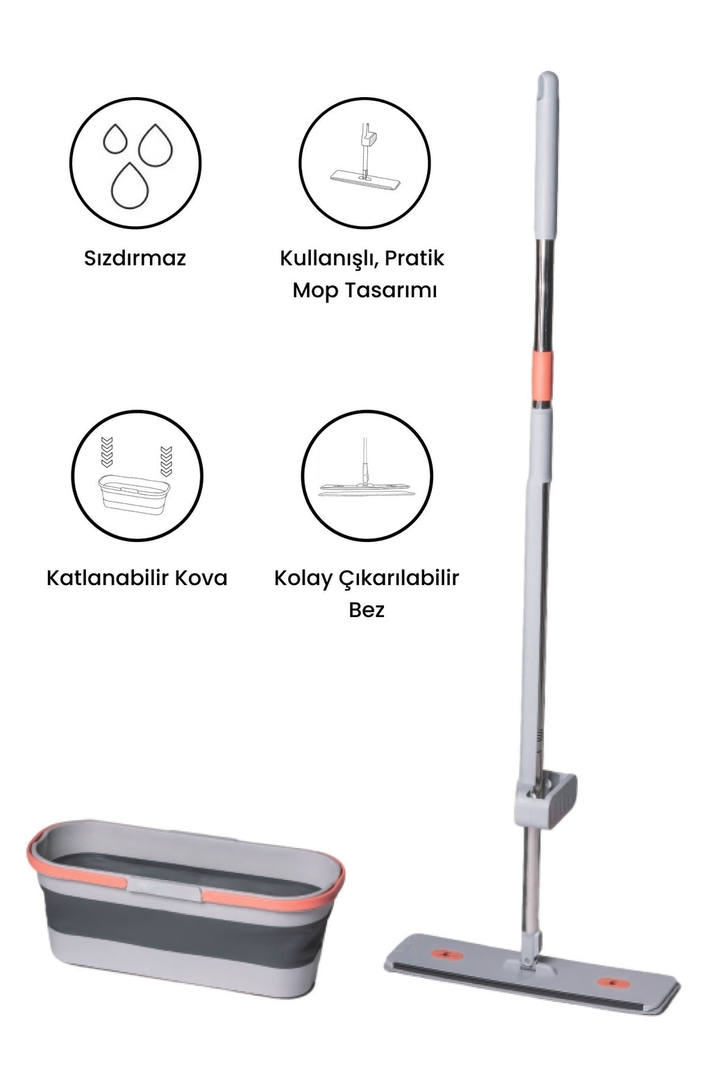 Gonzo Katlanabilir Temizlik Kovası, Kendinden Sıkmalı Mikrofiber Mop Seti - Gri Turuncu