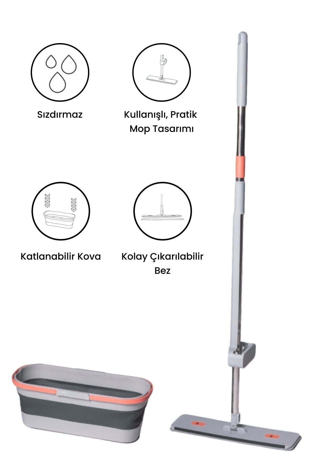 Gonzo Katlanabilir Temizlik Kovası, Kendinden Sıkmalı Mikrofiber Mop Seti - Gri Turuncu