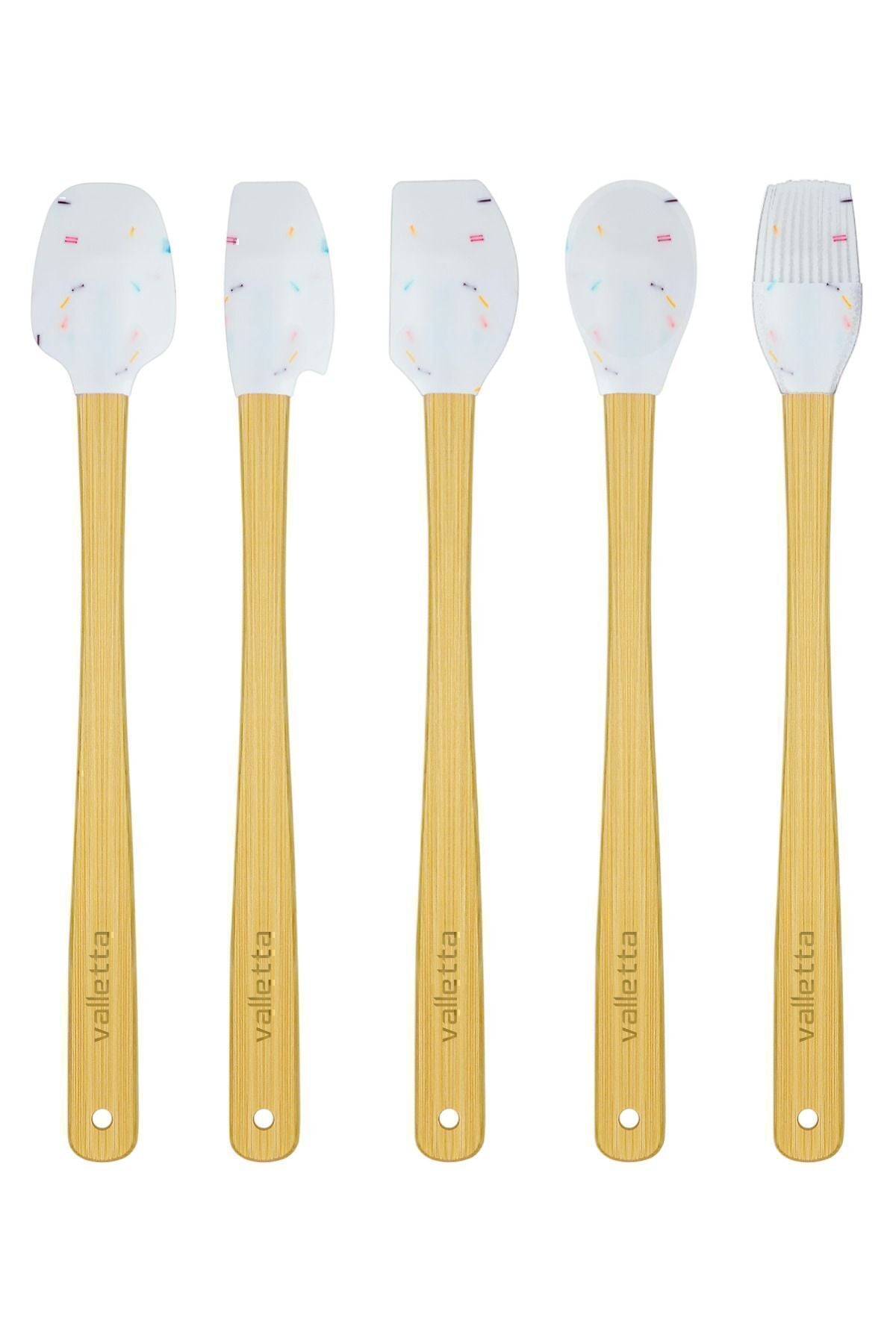 Indigo 5'li Beyaz Renkli Noktalı Bambu Silikon Spatula Seti Uzun 26 Cm