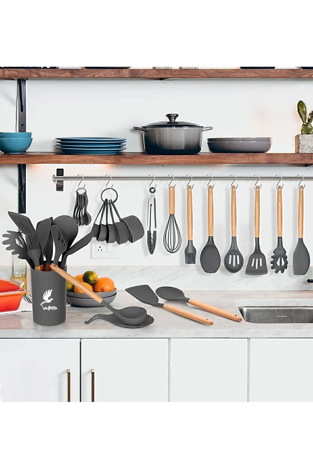 Mikla Isıya Dayanıklı Yanmaz Yapışmaz 33 Parça Silikon Spatula Mutfak Seti Gri