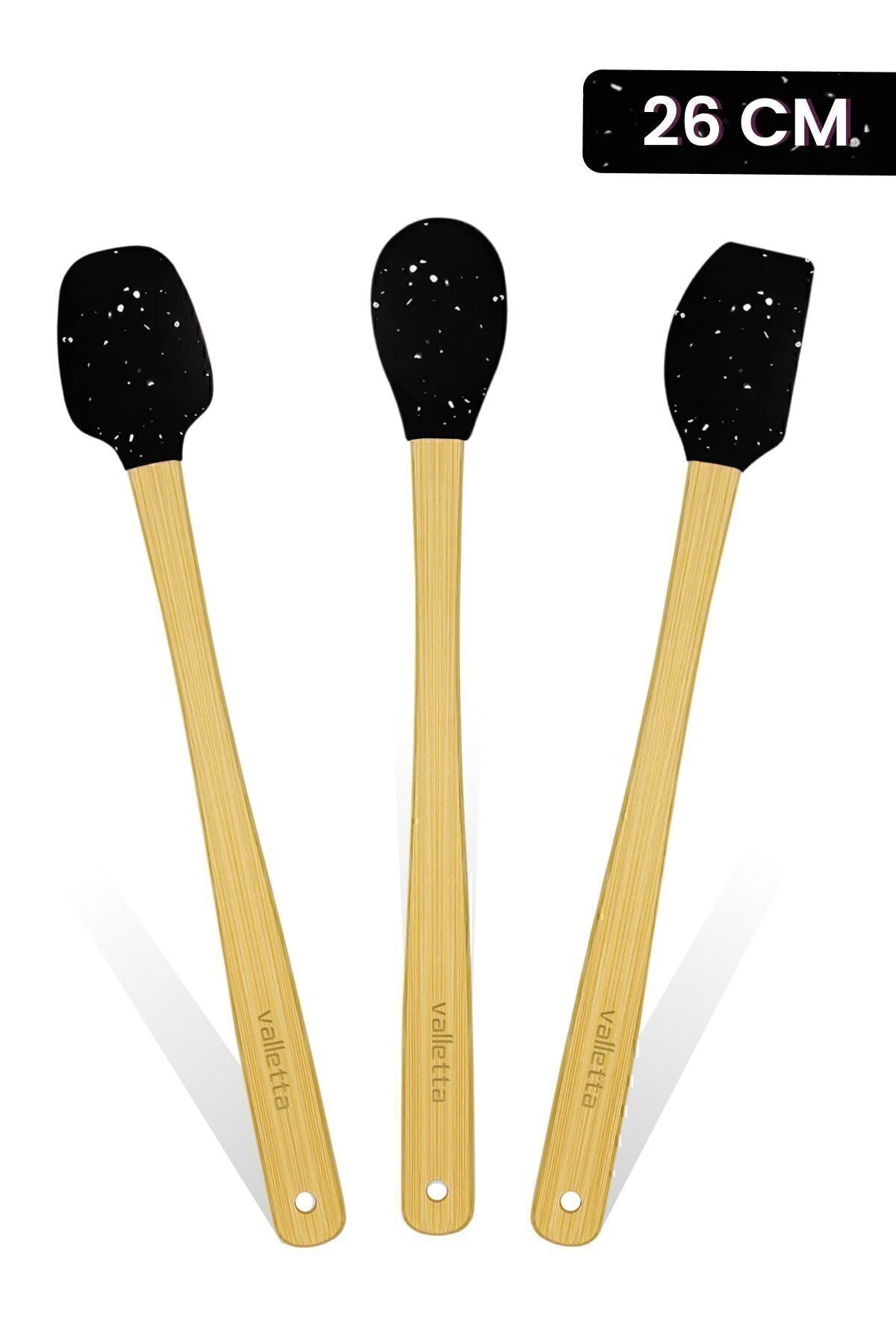 Indigo 3'lü Siyah Noktalı Bambu Silikon Spatula Seti Uzun 26 cm