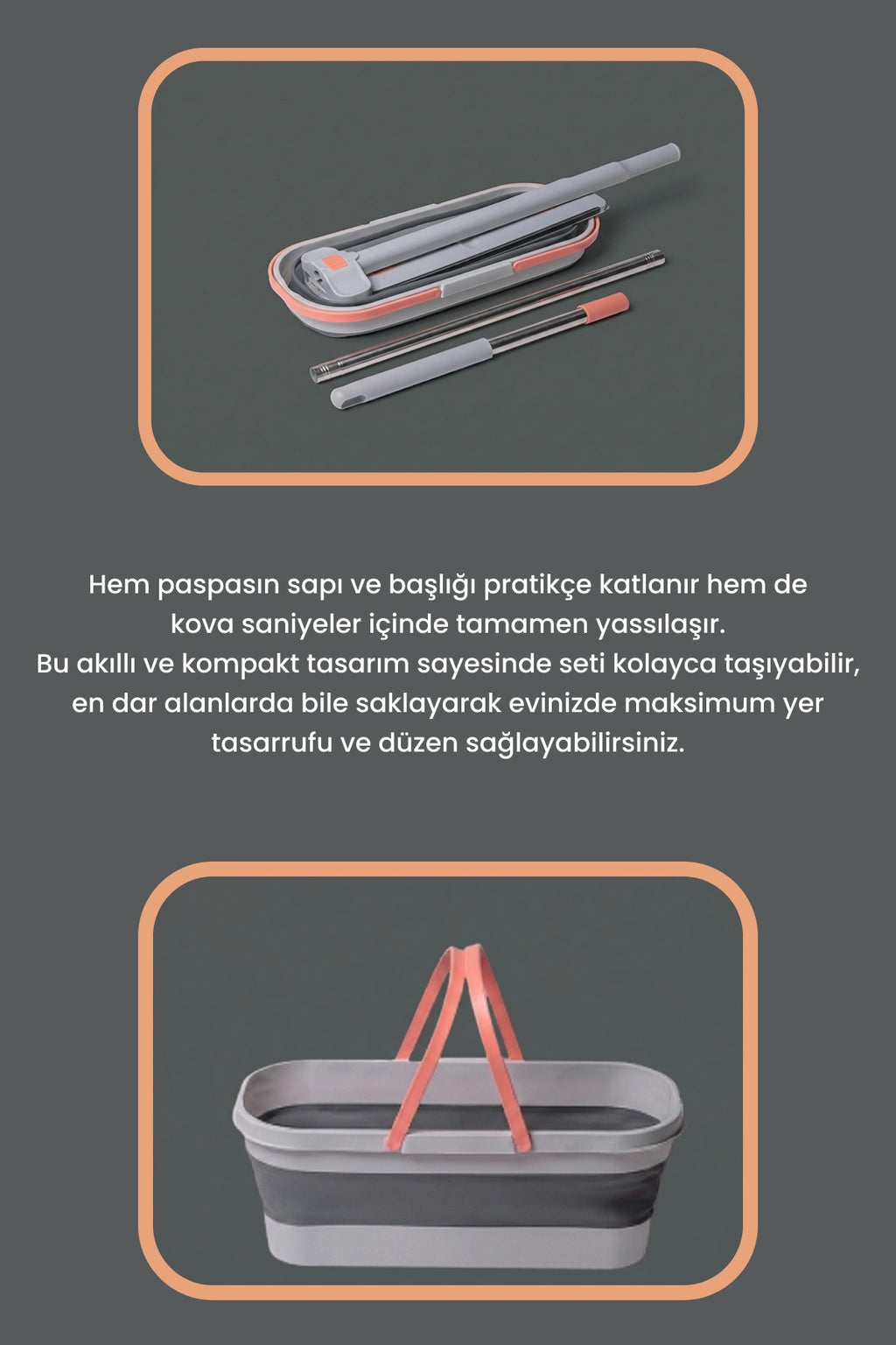 Gonzo Katlanabilir Temizlik Kovası, Kendinden Sıkmalı Mikrofiber Mop Seti - Gri Turuncu