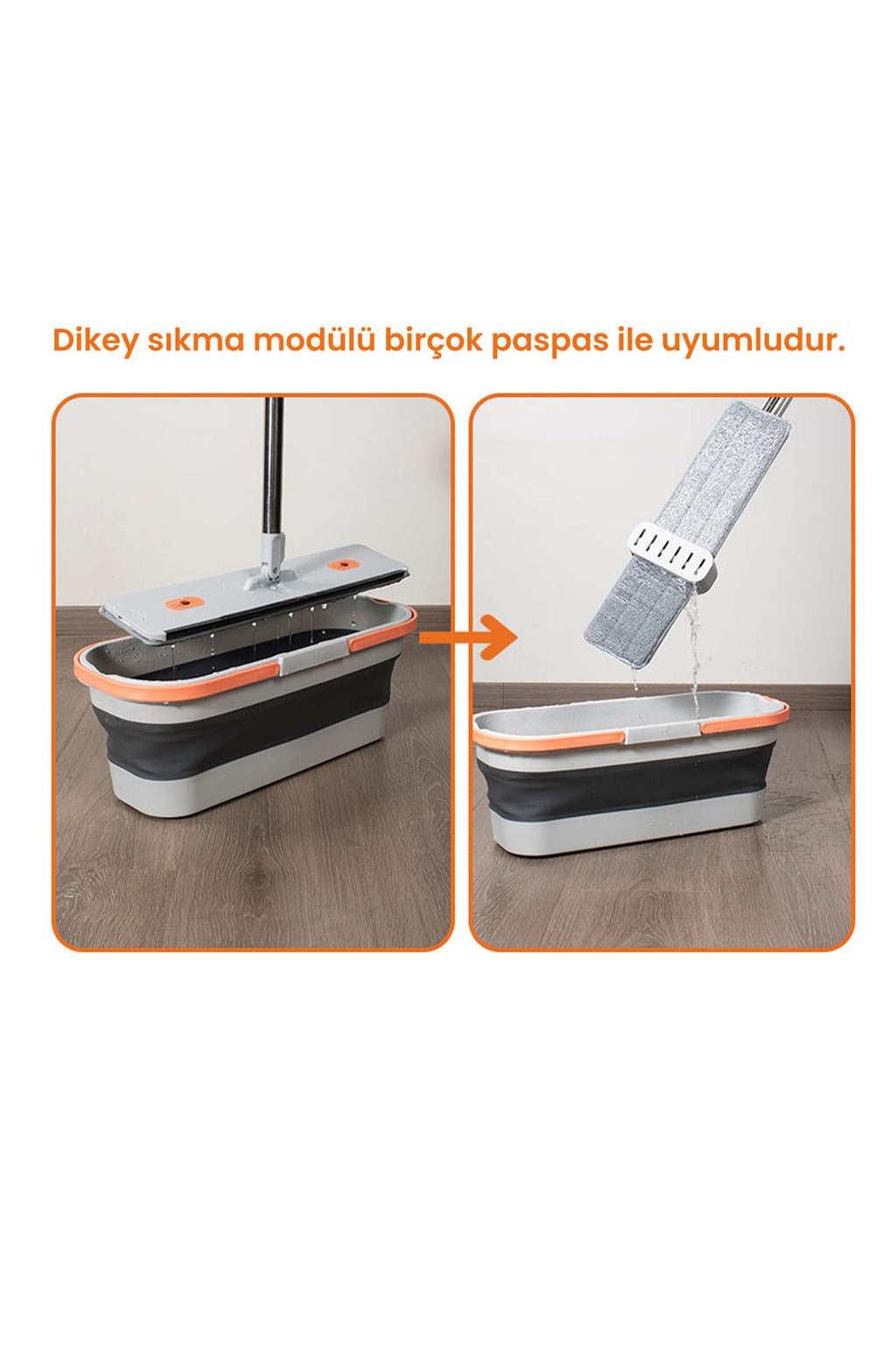 Gonzo Katlanabilir Temizlik Kovası, Kendinden Sıkmalı Mikrofiber Mop Seti - Gri Turuncu