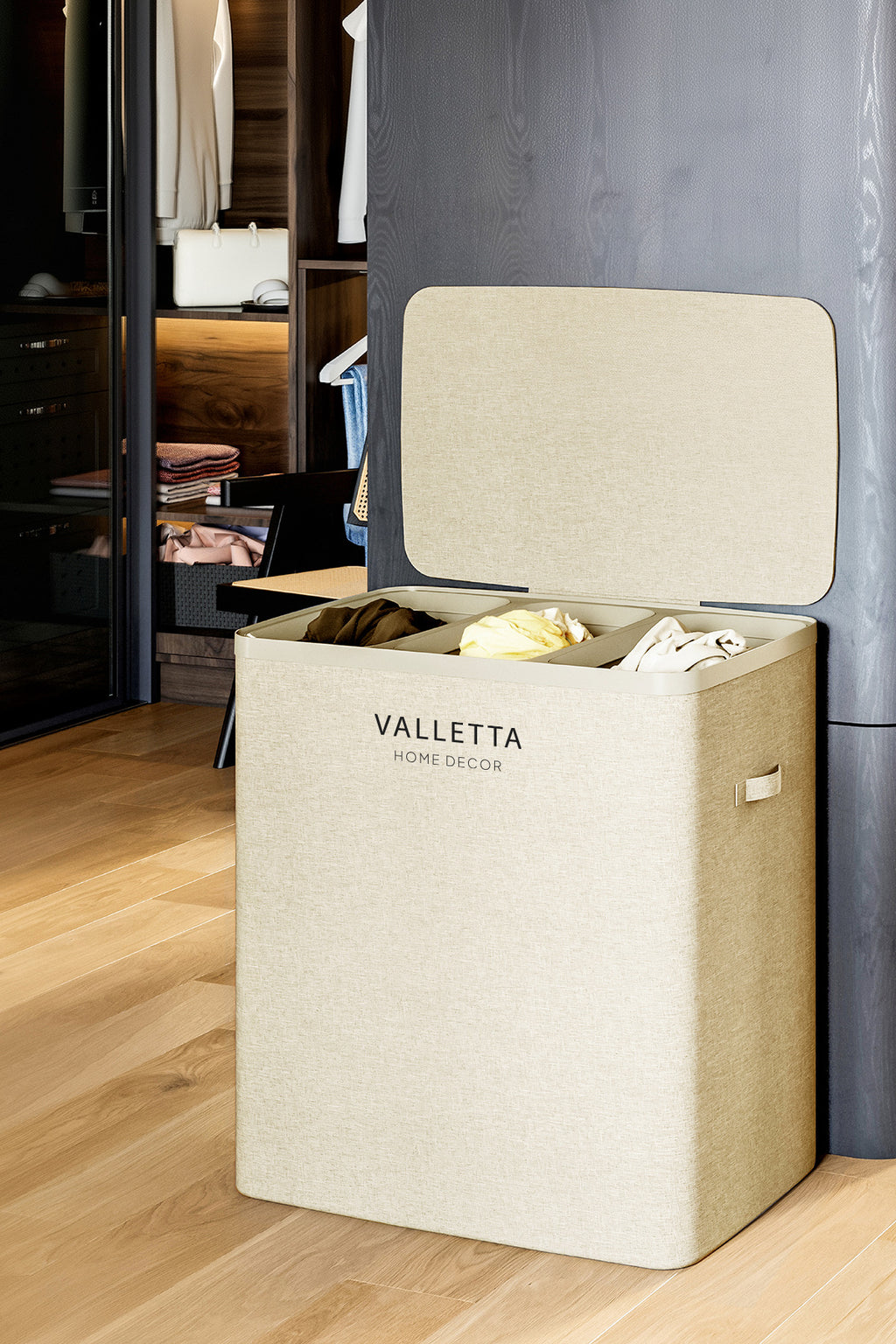 Paloma 120l Üç Yıkanabilir Bölmeli Katlanabilir Kumaş Kirli Çamaşır Sepeti Cappuccino Beige XL