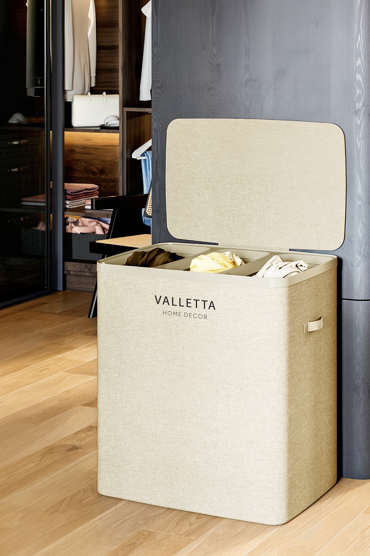 Paloma 120l Üç Yıkanabilir Bölmeli Katlanabilir Kumaş Kirli Çamaşır Sepeti Cappuccino Beige XL