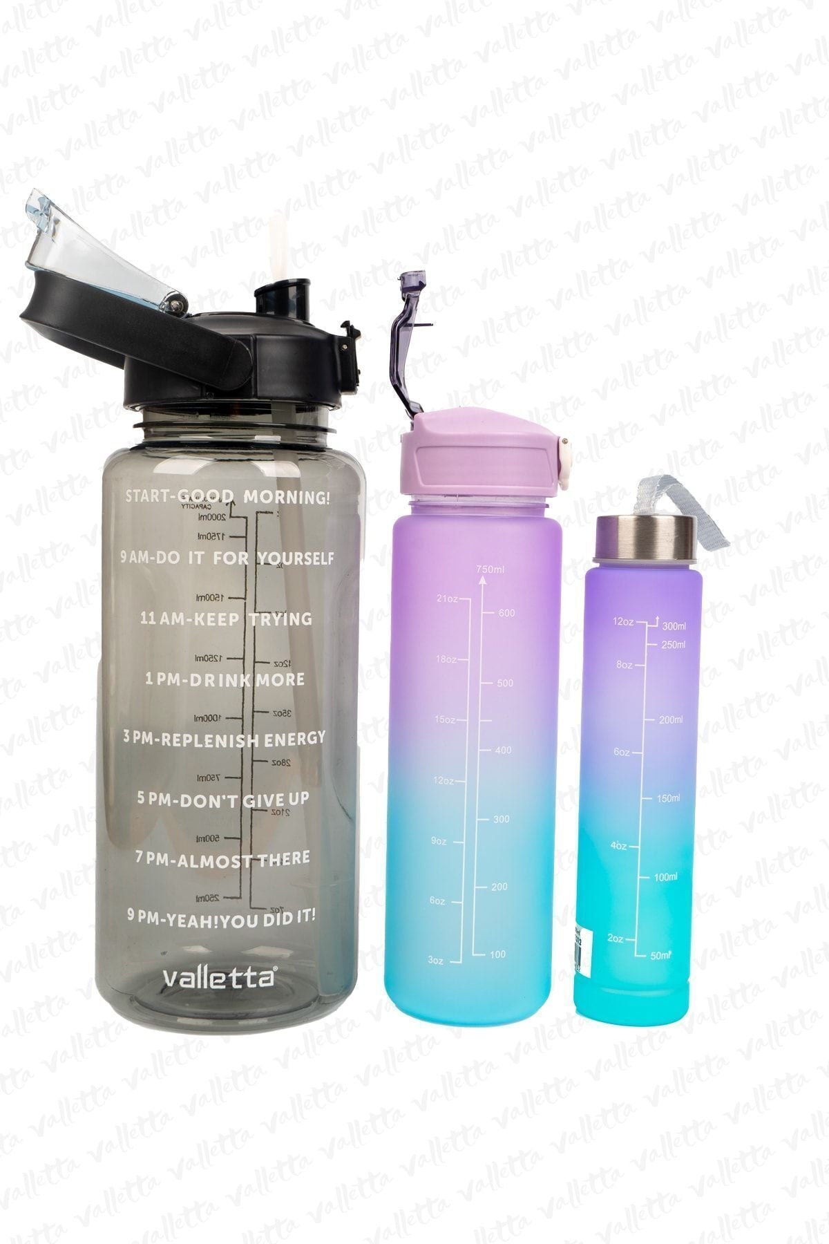 Figo 3lü Set BPA İçermez Motivasyonel Su Matarası 2.000ML-750M-300MLSiyah Su Matarası