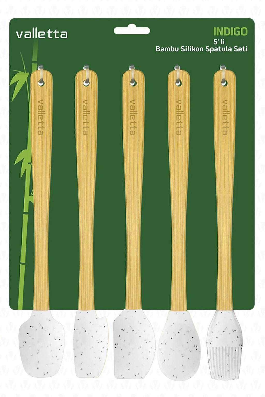 Indigo 5'li Beyaz Noktalı Bambu Silikon Spatula Seti Uzun 26 Cm