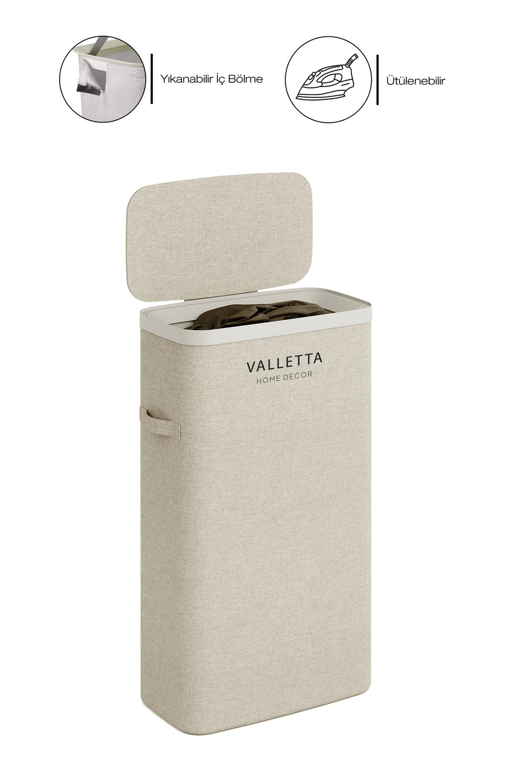 Paloma 40l Tek Yıkanabilir Bölmeli Katlanabilir Kumaş Kirli Çamaşır Sepeti Cappuccino Beige