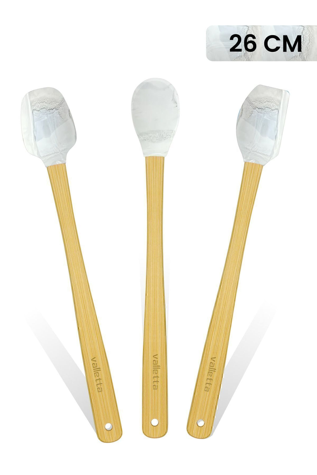 Indigo 3'lü Gri Mermer Bambu Silikon Spatula Seti Uzun 26 cm