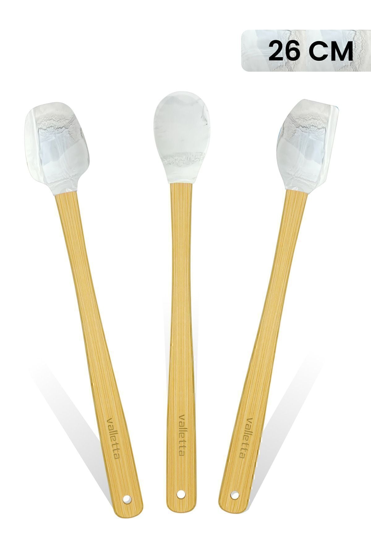 Indigo 3'lü Gri Mermer Bambu Silikon Spatula Seti Uzun 26 cm