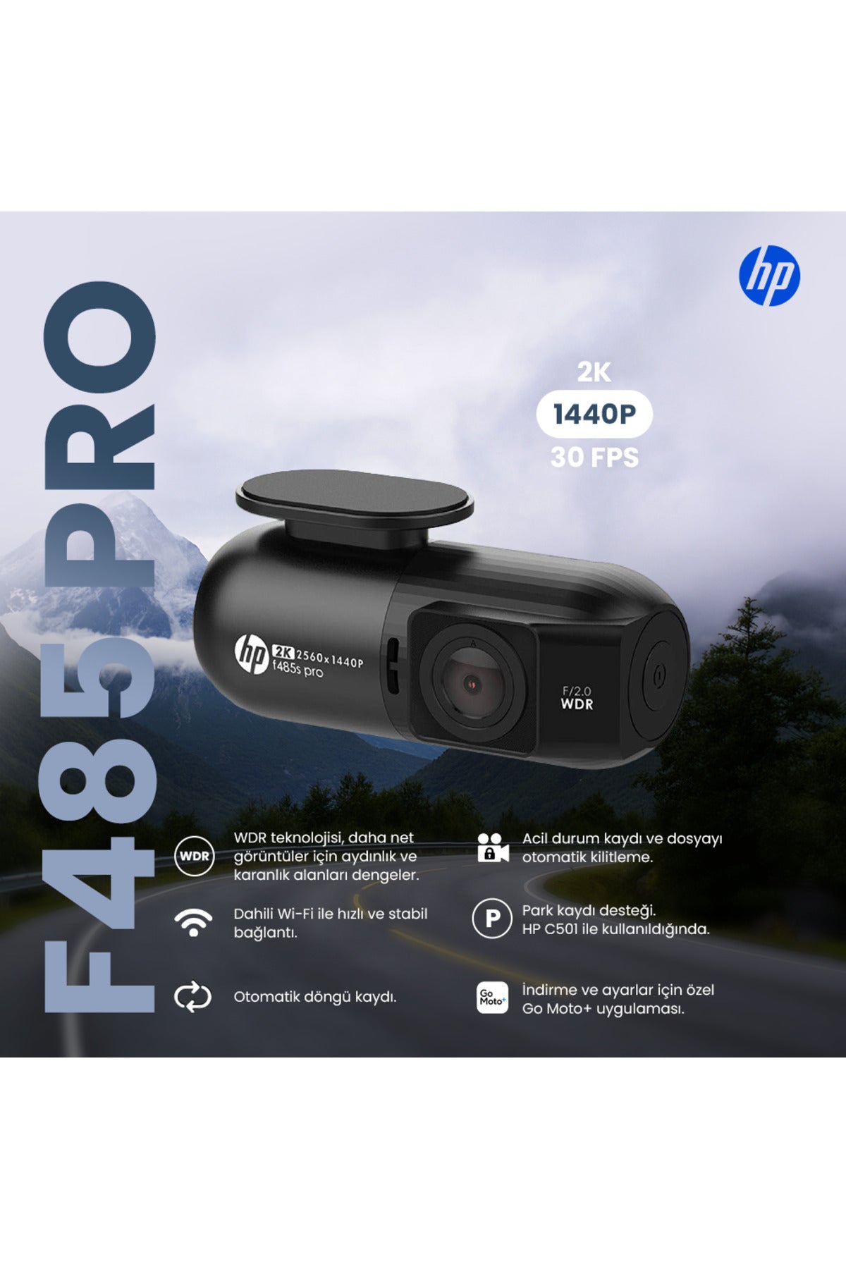 F485S Pro 2K QHD Araç İçi Kamera - Go Moto+ Wi-Fi Telefon Bağlantılı, WDR Gece Görüşlü, G-Sensörlü ve Acil Durum Kayıtlı Akıllı Oto Kamera