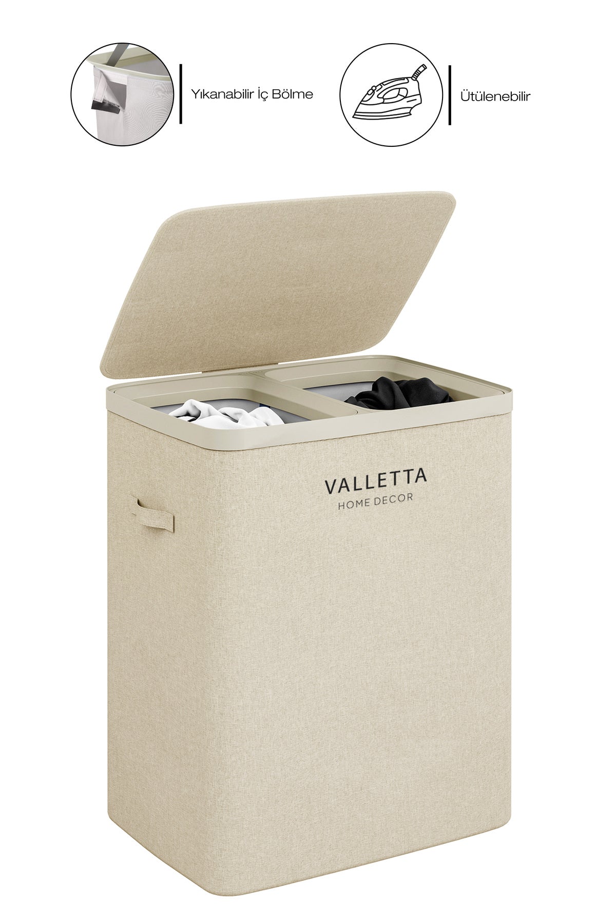 Paloma 100l Çift Yıkanabilir Bölmeli Katlanabilir Kumaş Kirli Çamaşır Sepeti Cappuccino Beige XL