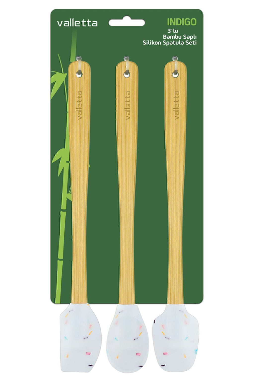 Indigo 3'lü Beyaz Renkli Noktalı Bambu Silikon Spatula Seti Uzun 26 cm