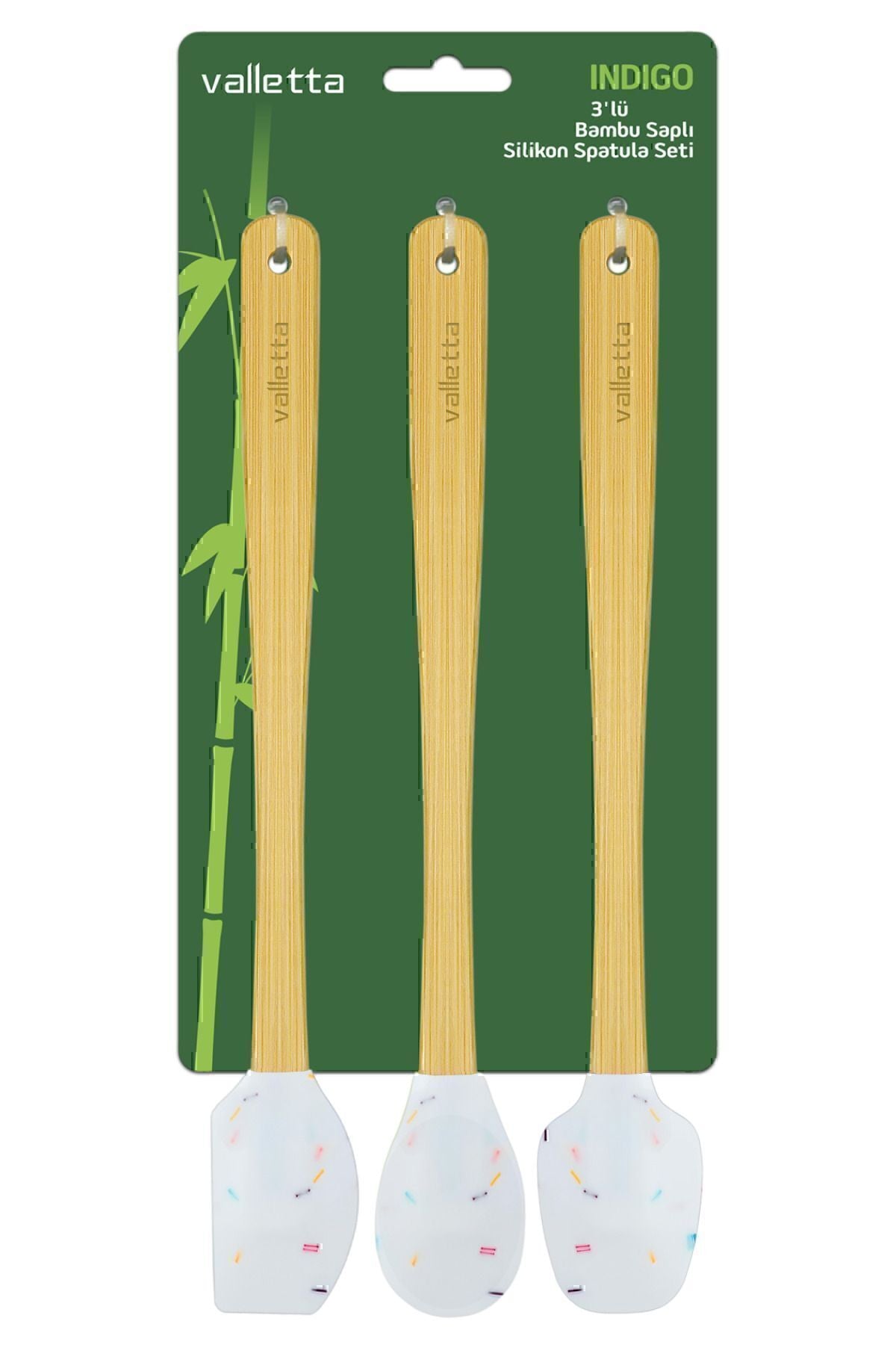 Indigo 3'lü Beyaz Renkli Noktalı Bambu Silikon Spatula Seti Uzun 26 cm