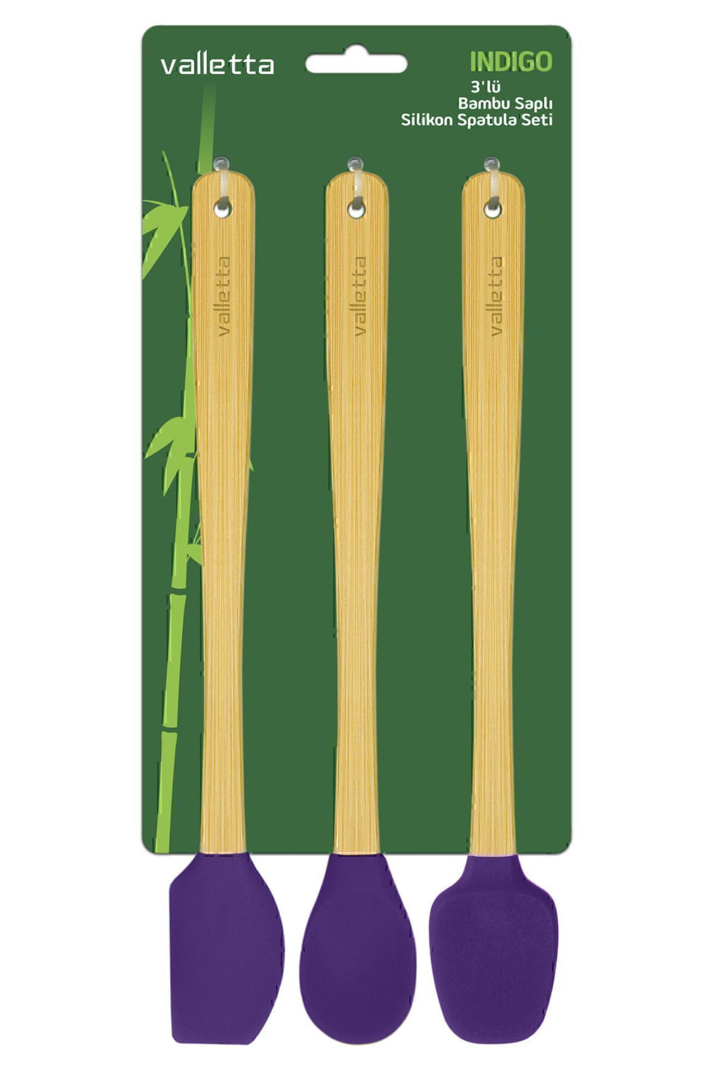 Indigo 3'lü Mor Bambu Silikon Spatula Seti Uzun 26 Cm