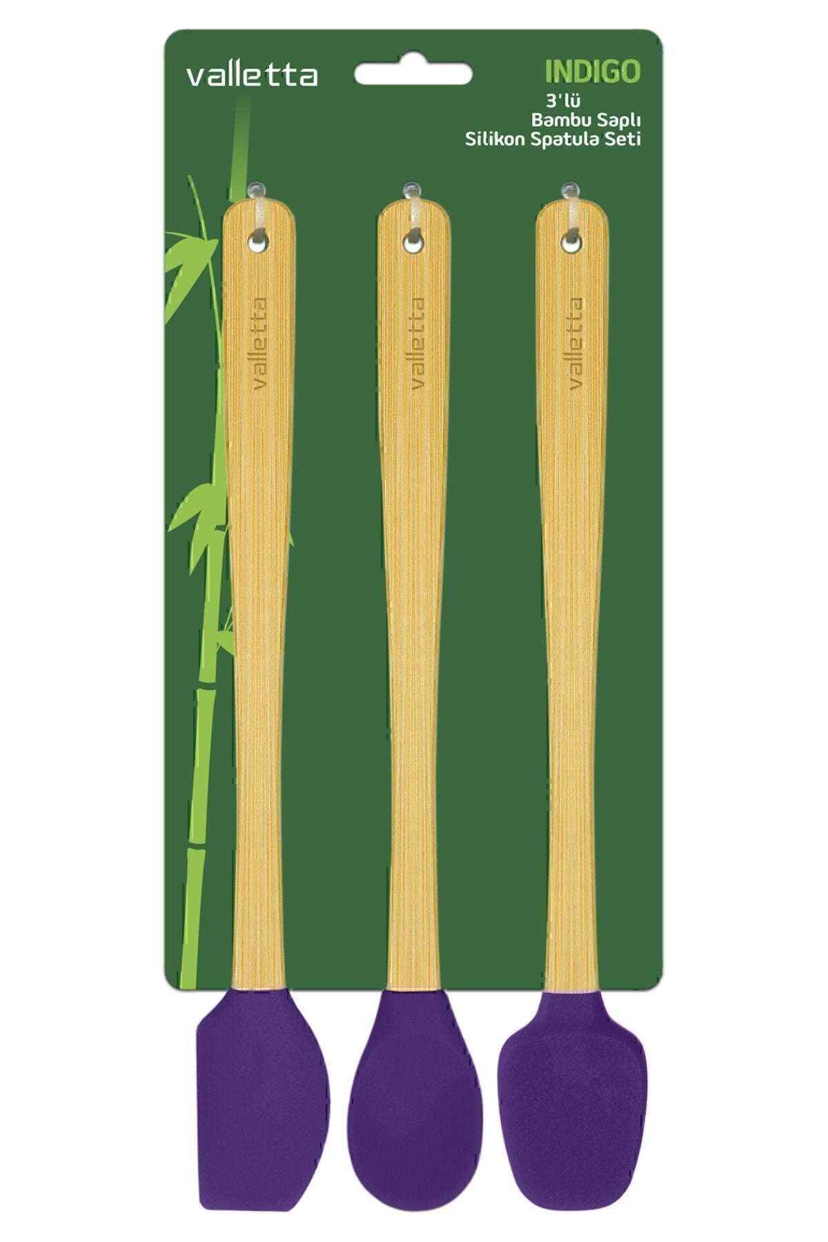 Indigo 3'lü Mor Bambu Silikon Spatula Seti Uzun 26 Cm