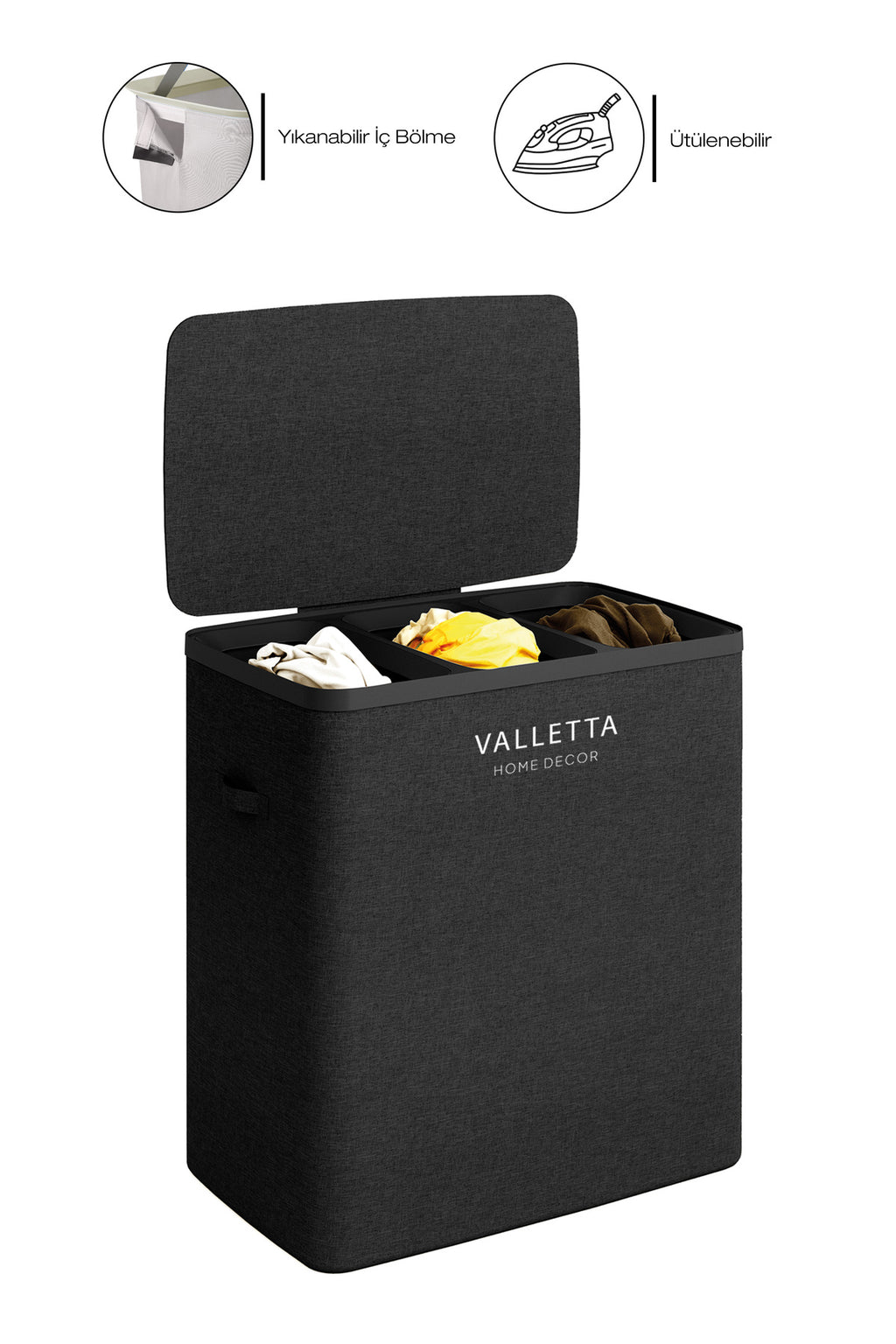 Paloma 120l Üç Yıkanabilir Bölmeli Katlanabilir Kumaş Kirli Çamaşır Sepeti Ink Black XL