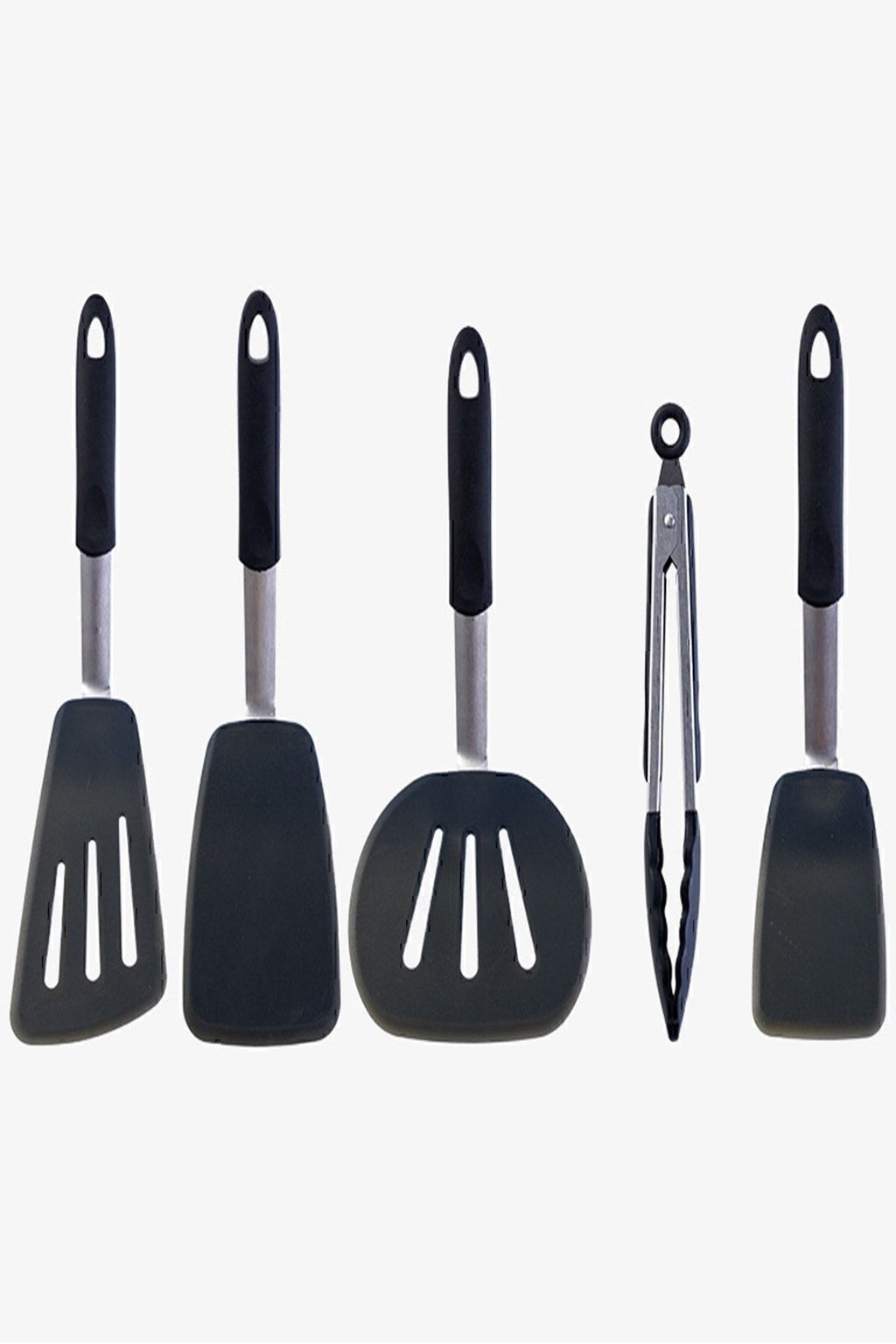 Isıya Dayanıklı Yanmaz Yapışmaz Silikon, Paslanmaz Çelik Spatula Set 5 Prça Siyah
