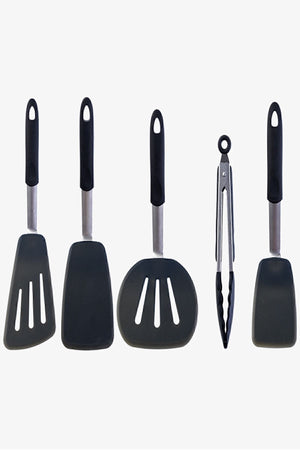 Isıya Dayanıklı Yanmaz Yapışmaz Silikon, Paslanmaz Çelik Spatula Set 5 Prça Siyah