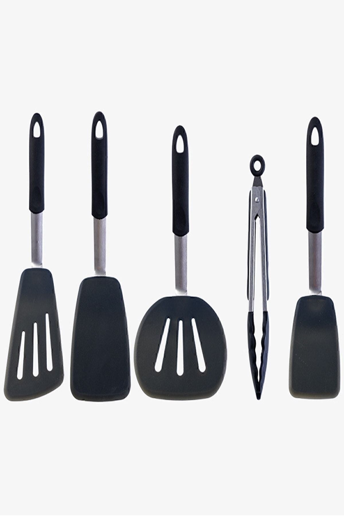 Isıya Dayanıklı Yanmaz Yapışmaz Silikon, Paslanmaz Çelik Spatula Set 5 Prça Siyah