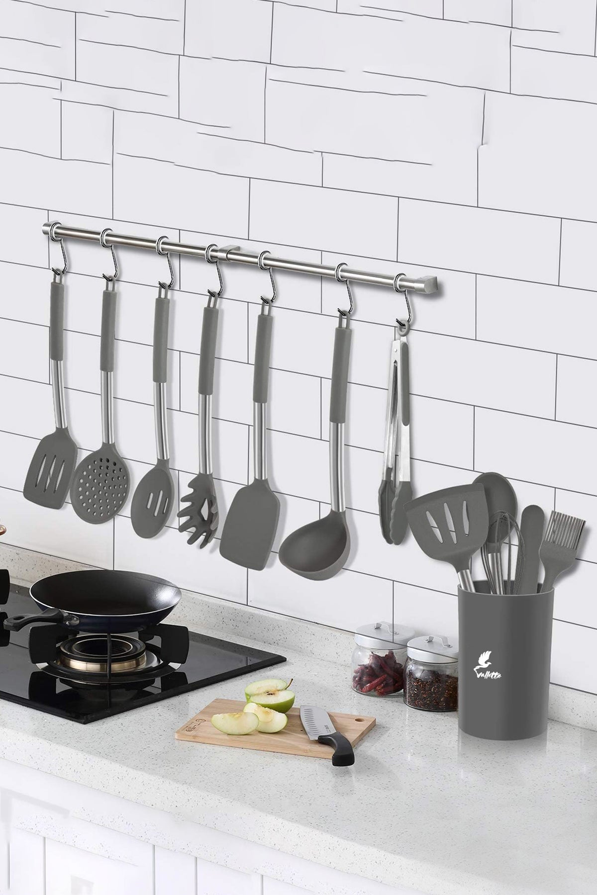 Guojin 26 Parça Paslanmaz Çelik Silikon Uçlu Spatula Mutfak Seti Gri