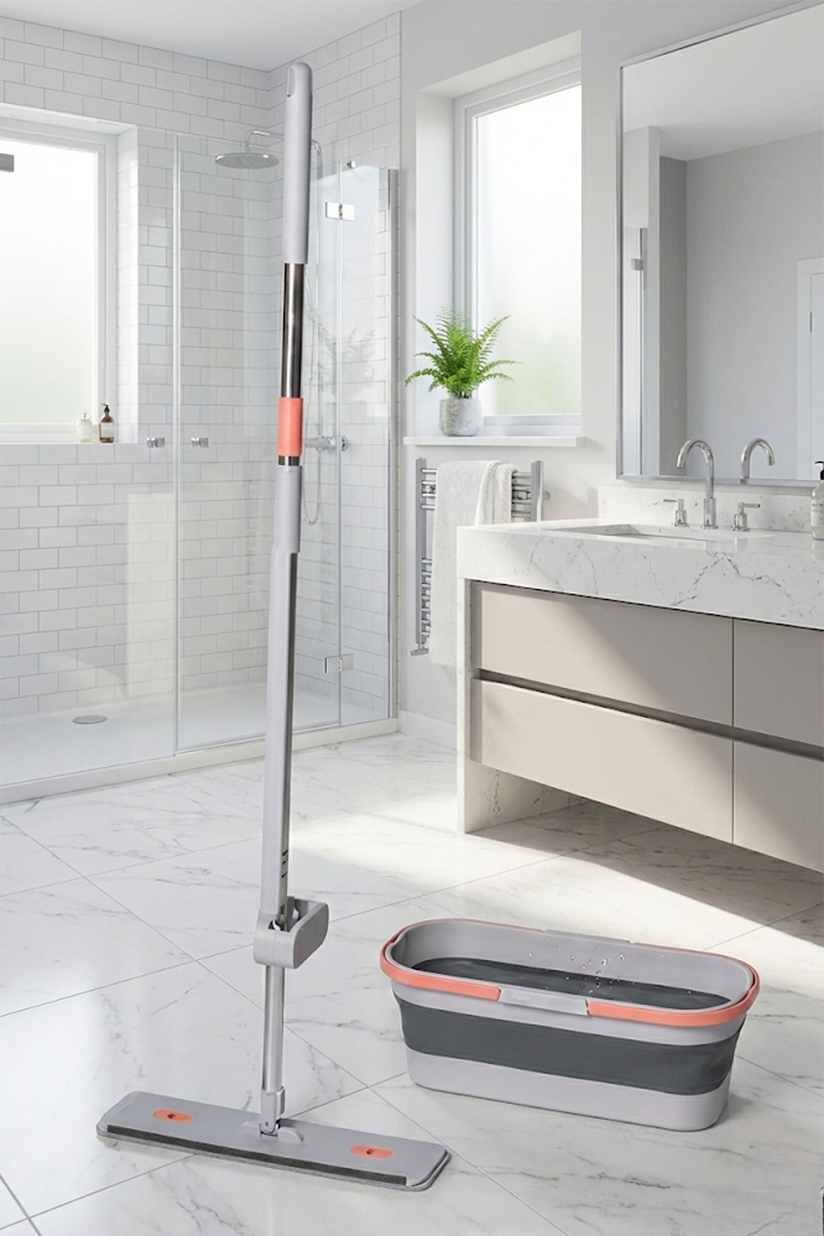 Gonzo Katlanabilir Temizlik Kovası, Kendinden Sıkmalı Mikrofiber Mop Seti - Gri Turuncu