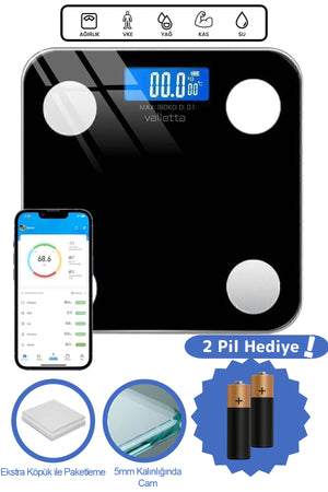 İnferno Pil Hediyeli Dijital Baskül Yağ Su Kas Vücut Kitle Endeksi Kilo Ölçer Tartı Siyah