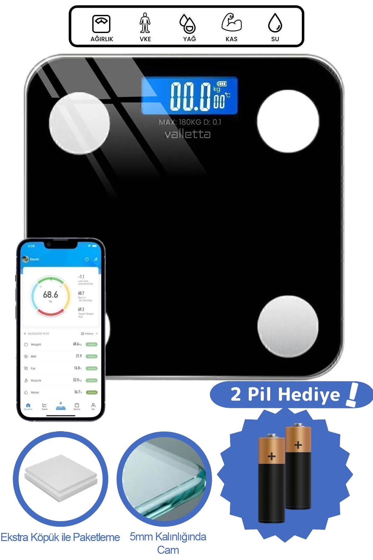 İnferno Pil Hediyeli Dijital Baskül Yağ Su Kas Vücut Kitle Endeksi Kilo Ölçer Tartı Siyah