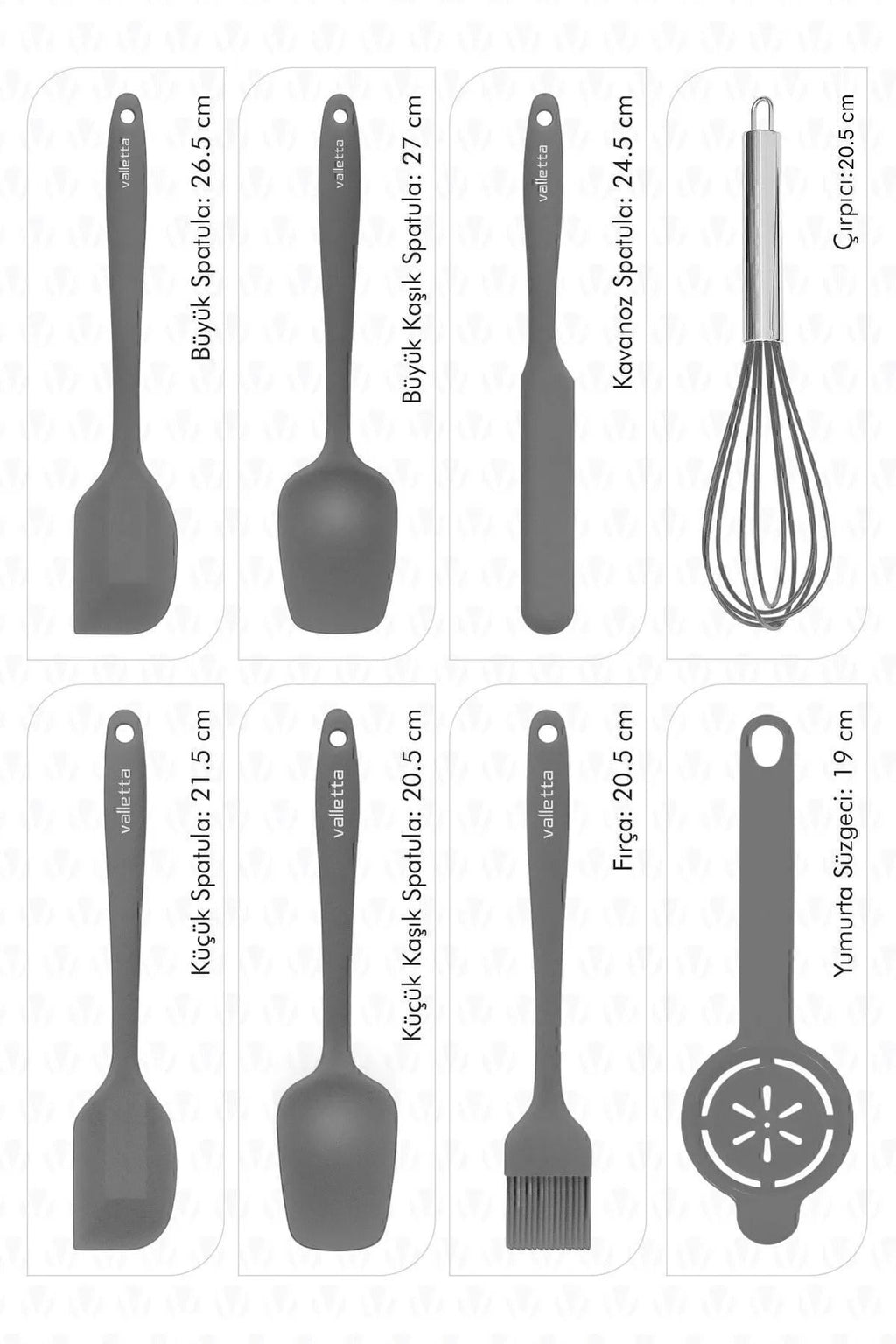 Drongo Isıya Dayanıklı Yanmaz Yapışmaz Silikon Spatula Seti 8 Parça Gri