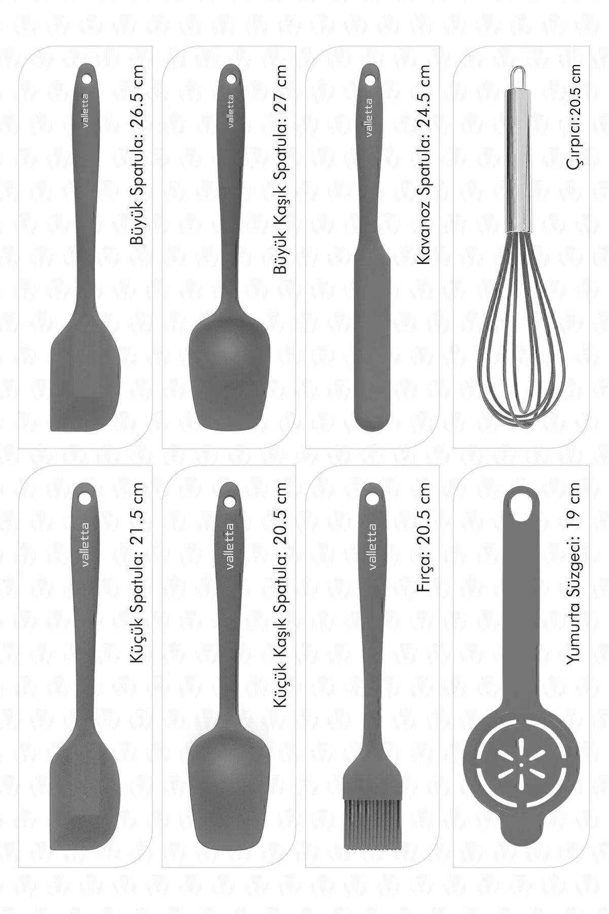Drongo Isıya Dayanıklı Yanmaz Yapışmaz Silikon Spatula Seti 8 Parça Gri