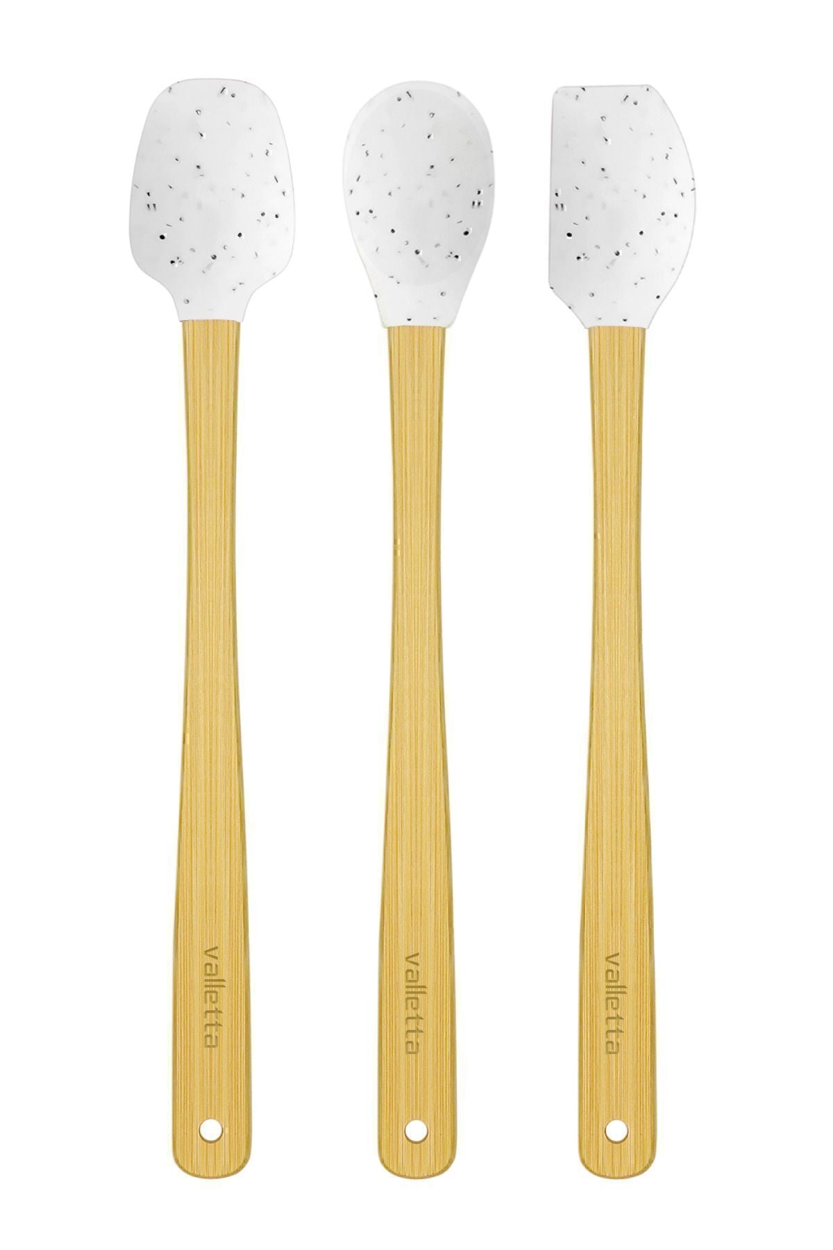 Indigo 3'lü Beyaz Noktalı Bambu Silikon Spatula Seti Uzun 26 cm