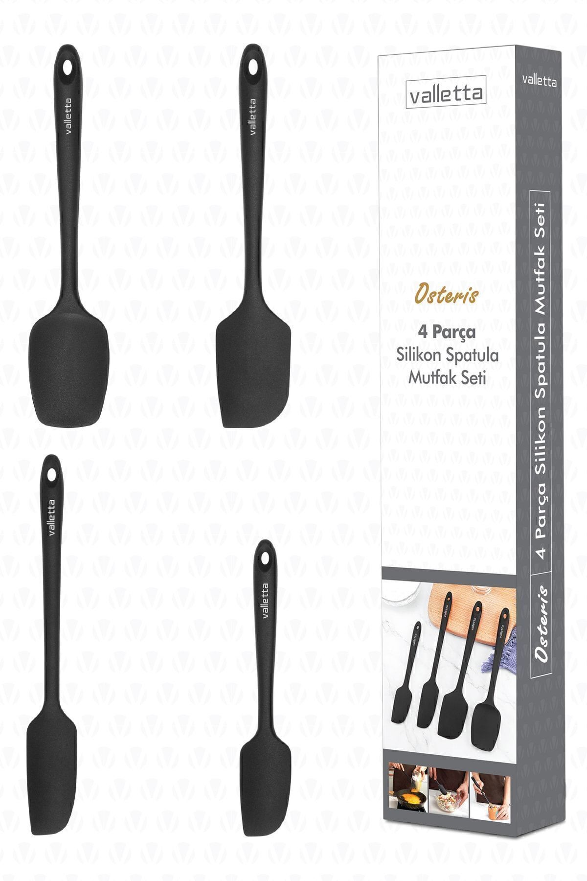 Osteris Isıya Dayanıklı Yanmaz Yapışmaz Silikon Spatula Seti 4 Parça Siyah