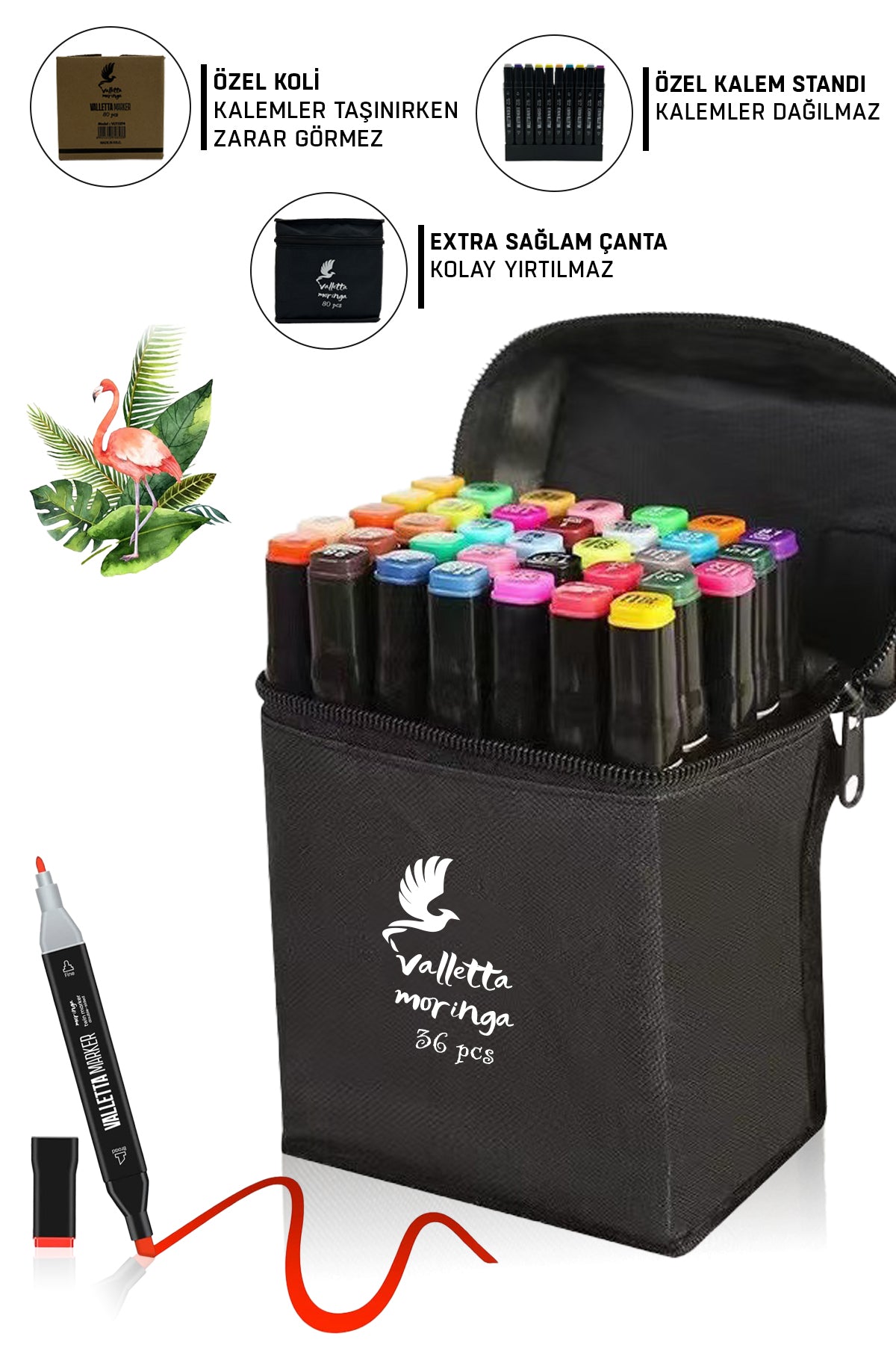 Moringa 36'lı Çift Taraflı Art Marker Keçeli Kalem Seti Çantalı