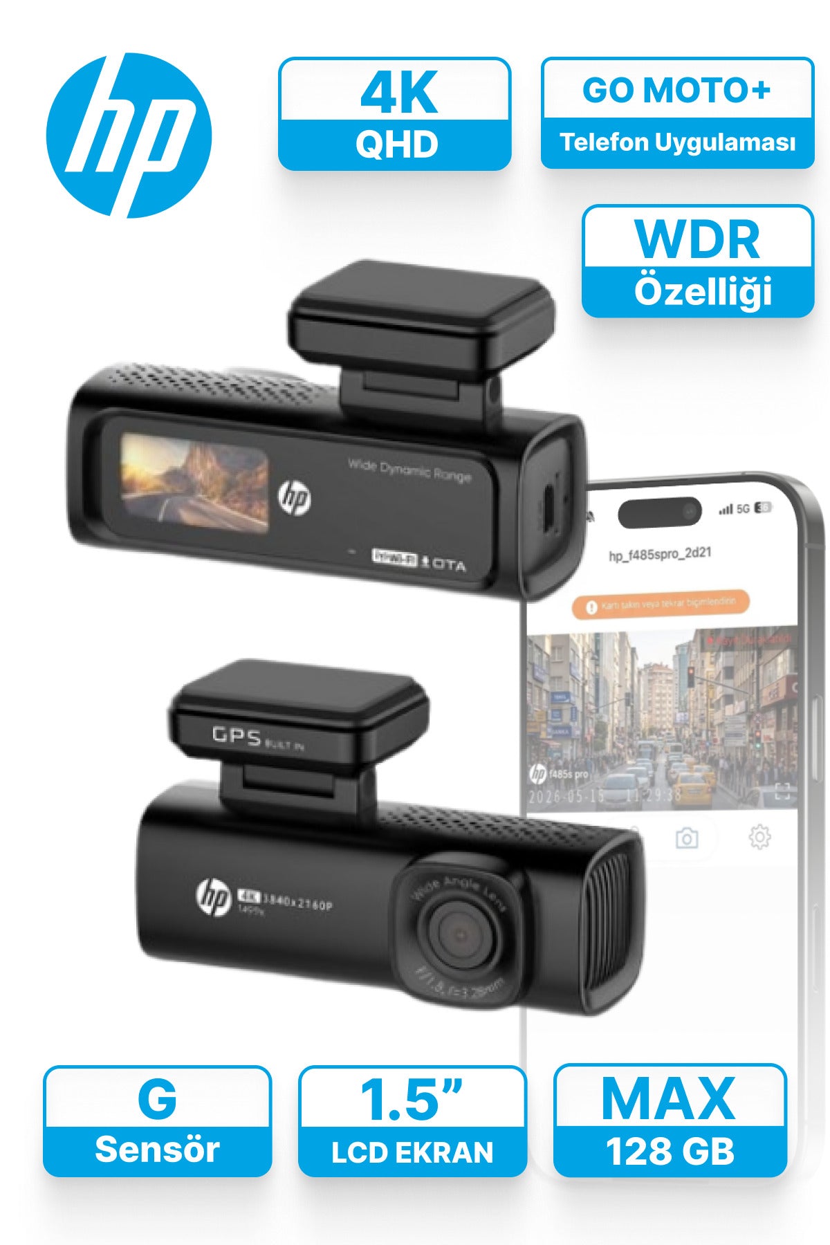 F499x 4K Ultra HD Akıllı Araç İçi Kamera - Dahili GPS'li, 1.5" LCD Ekranlı, Wi-Fi Telefon Bağlantılı, WDR Gece Görüşlü ve G-Sensörlü Oto Kamera