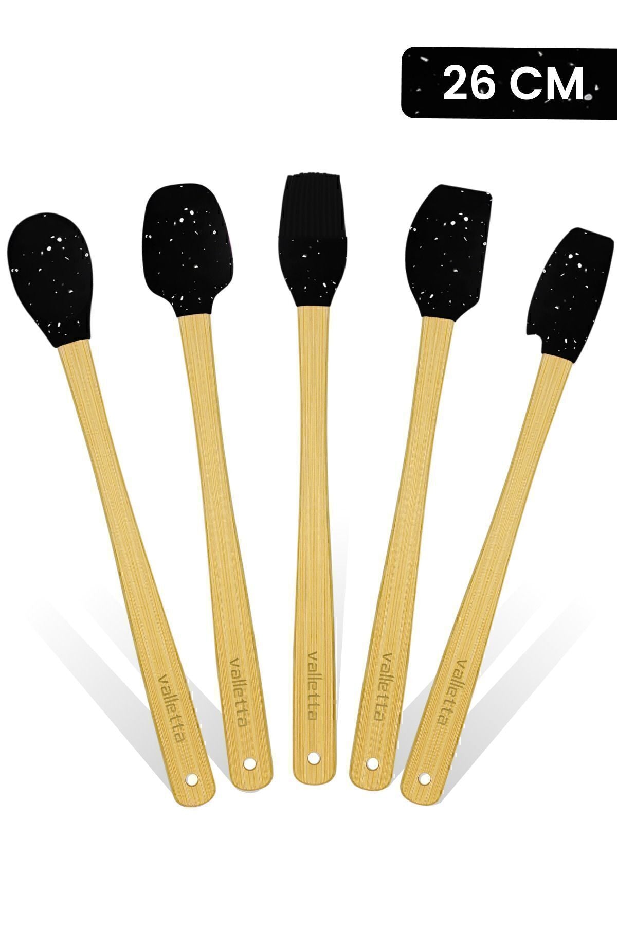 Indigo 5'li Siyah Noktalı Bambu Silikon Spatula Seti Uzun 26 Cm