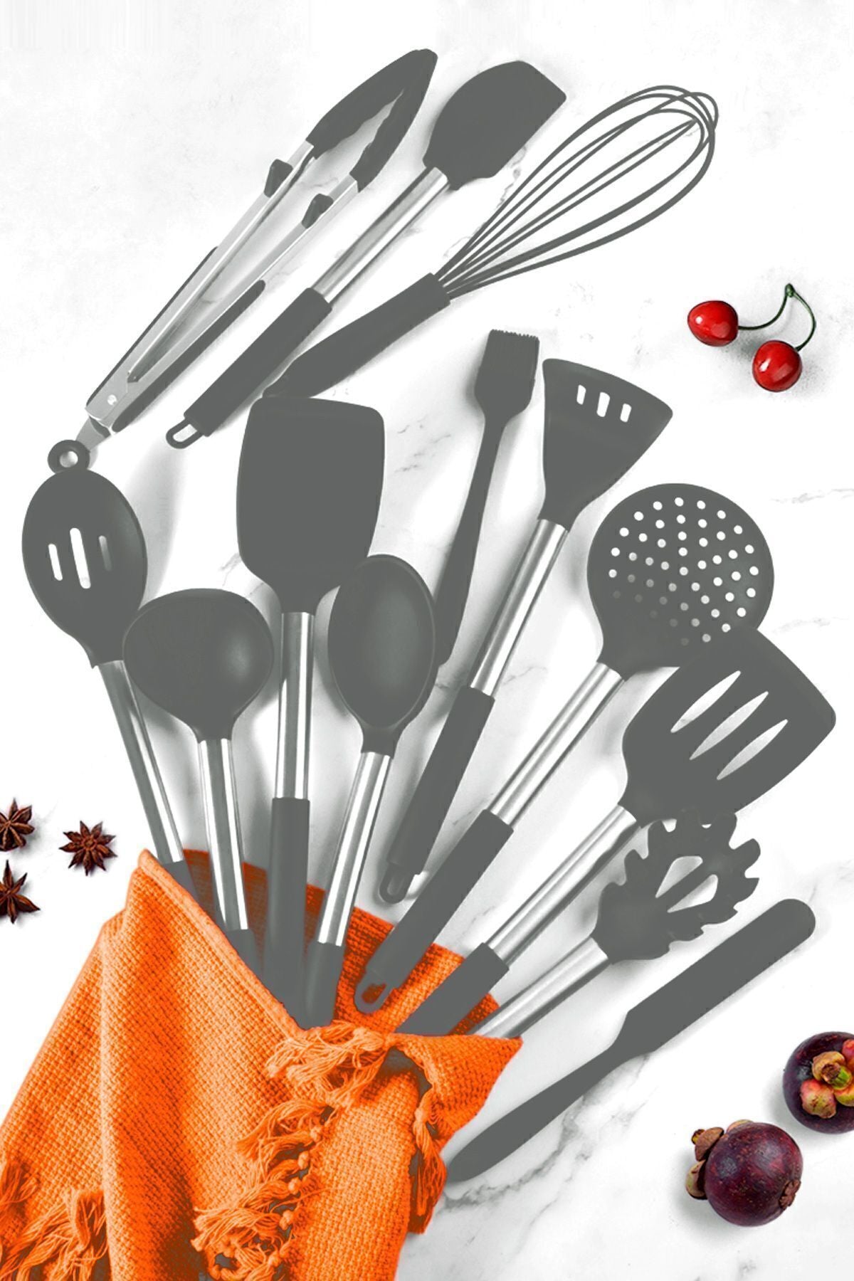 Mora 14 Parça Paslanmaz Çelik Silikon Uçlu Spatula Mutfak Seti Gri