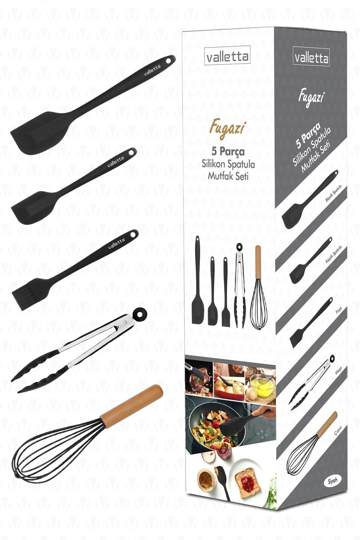 Fugazi Isıya Dayanıklı Yanmaz Yapışmaz Silikon Spatula Seti 5 Parça Siyah