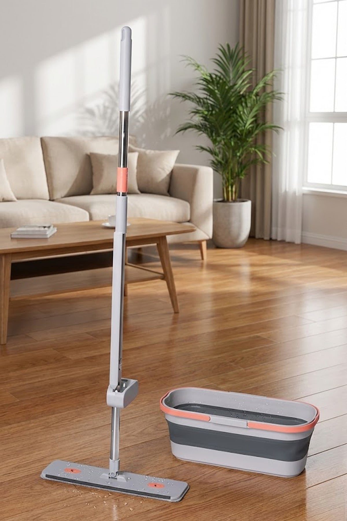 Gonzo Katlanabilir Temizlik Kovası, Kendinden Sıkmalı Mikrofiber Mop Seti - Gri Turuncu