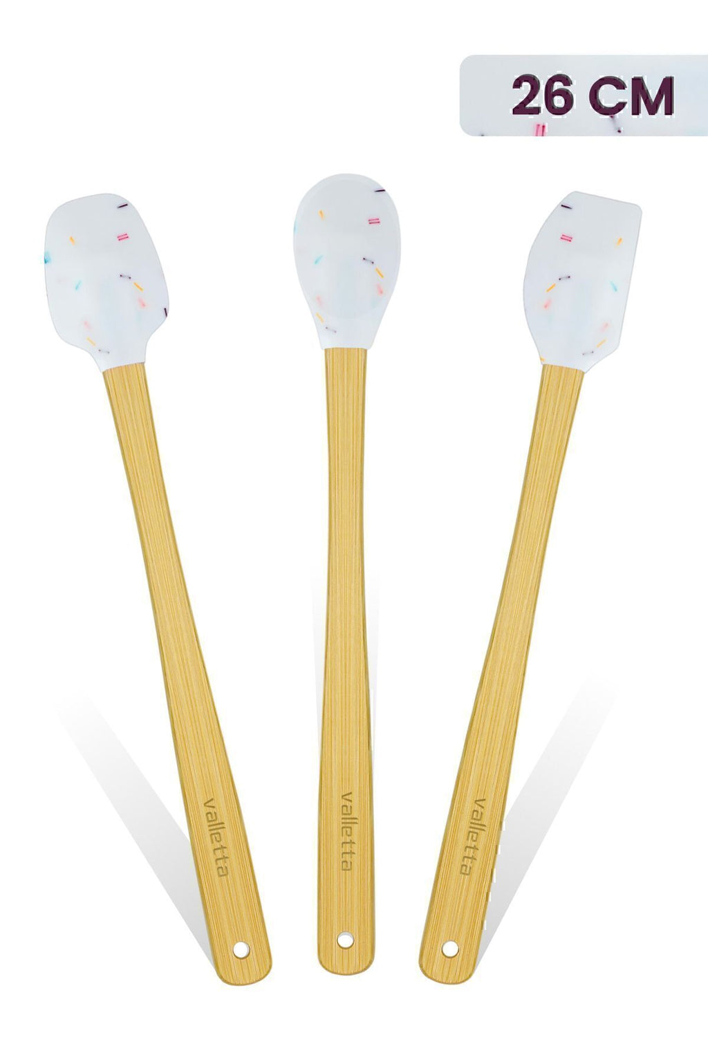 Indigo 3'lü Beyaz Renkli Noktalı Bambu Silikon Spatula Seti Uzun 26 cm