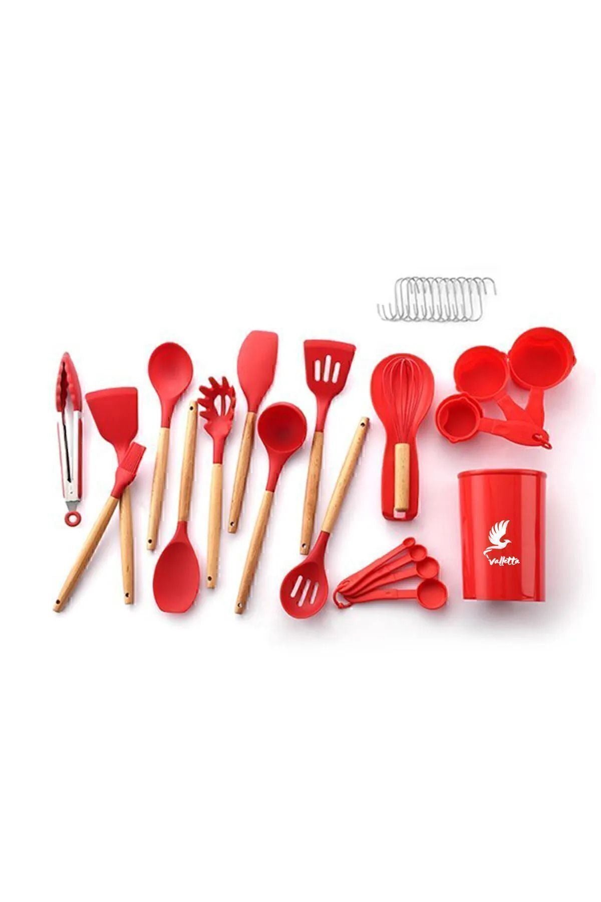 Mikla Isıya Dayanıklı Yanmaz Yapışmaz 33 Parça Silikon Spatula Mutfak Seti Kırmızı