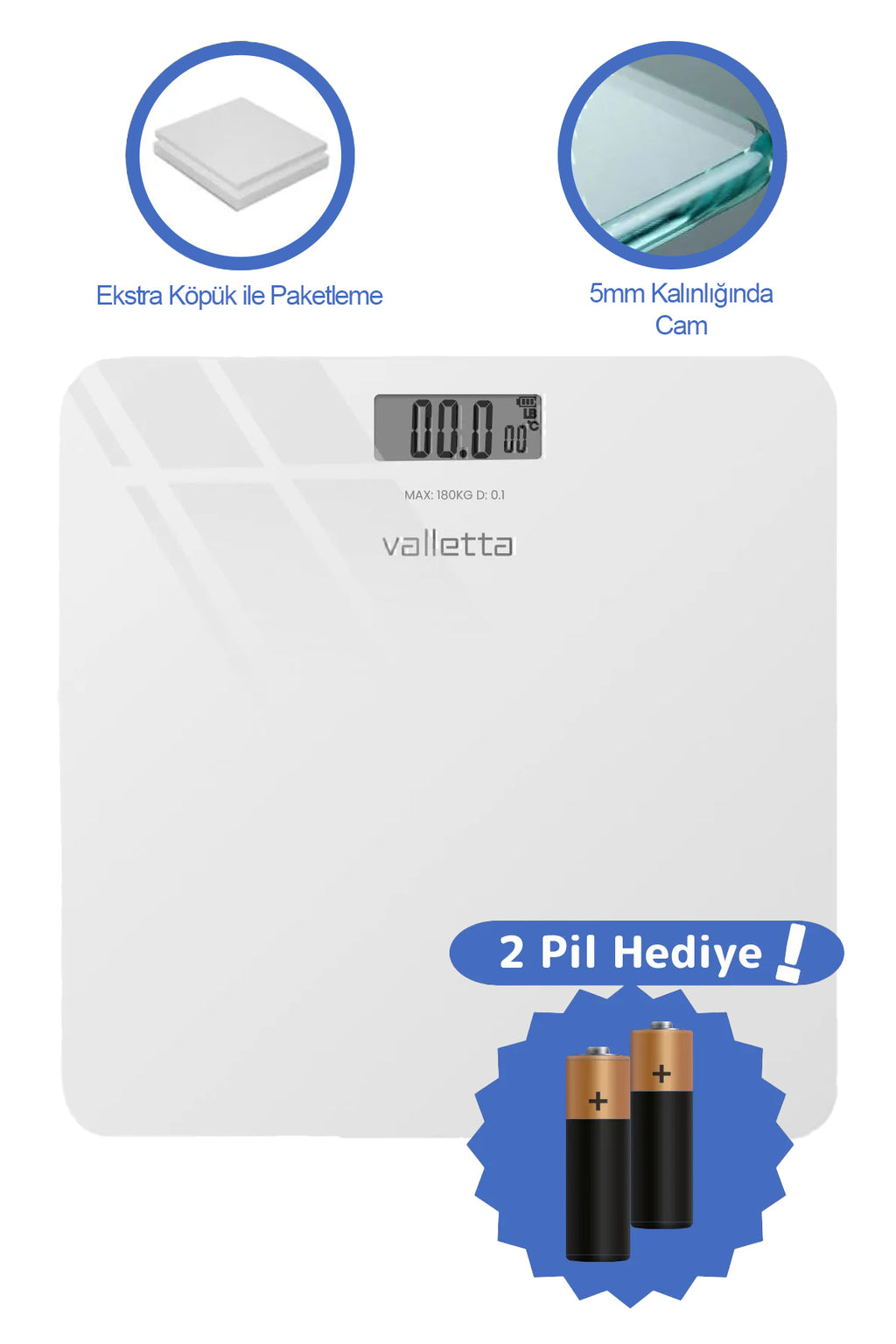 Echo Pil Hediyeli Dijital Cam Baskül Tartı 180 Kg Lcd Ekranlı Beyaz