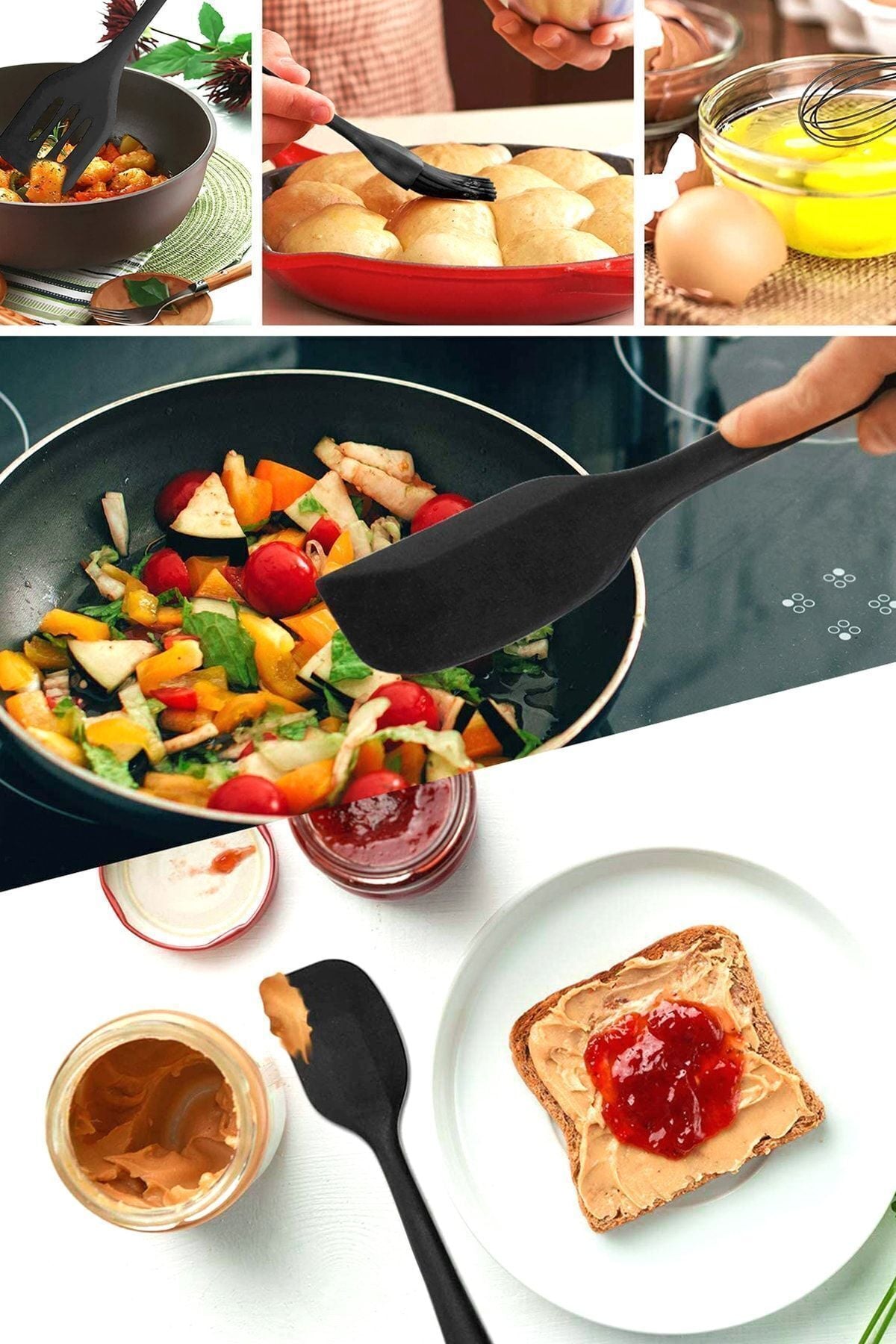 Fugazi Isıya Dayanıklı Yanmaz Yapışmaz Silikon Spatula Seti 5 Parça Siyah