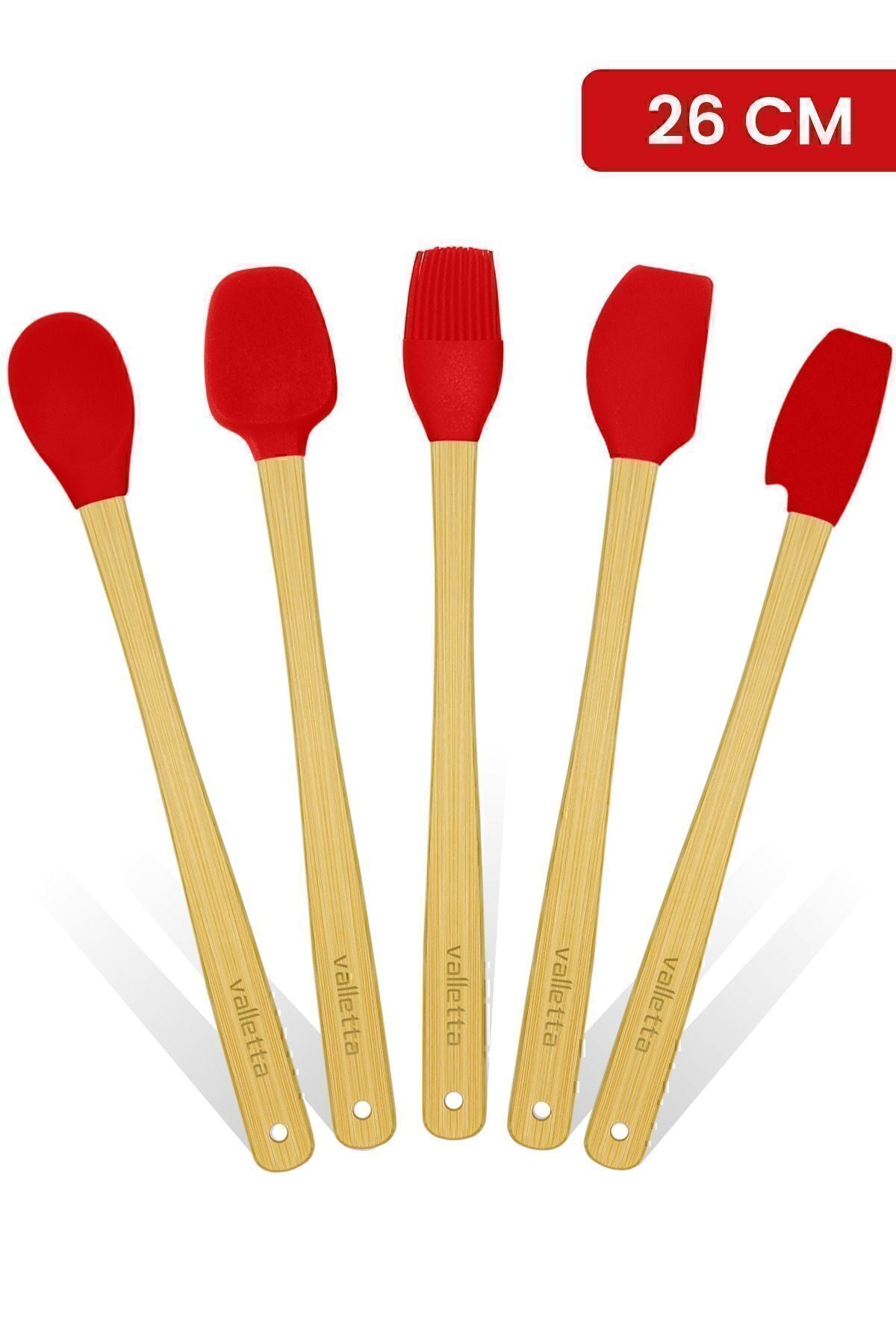 Indigo 5'li Kırmızı Bambu Silikon Spatula Seti Uzun 26 Cm