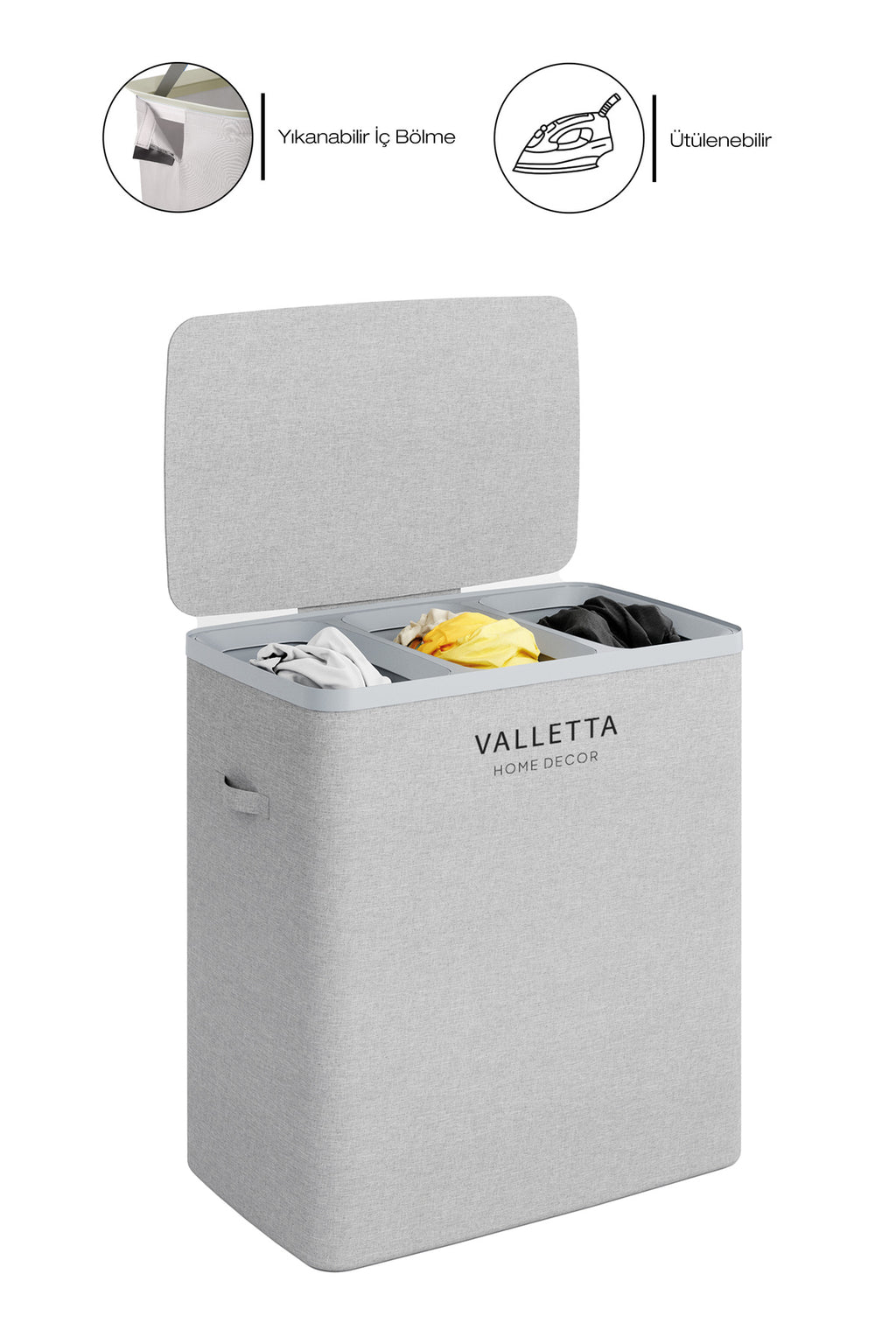 Paloma 120l Üç Yıkanabilir Bölmeli Katlanabilir Kumaş Kirli Çamaşır Sepeti Light Gray XL