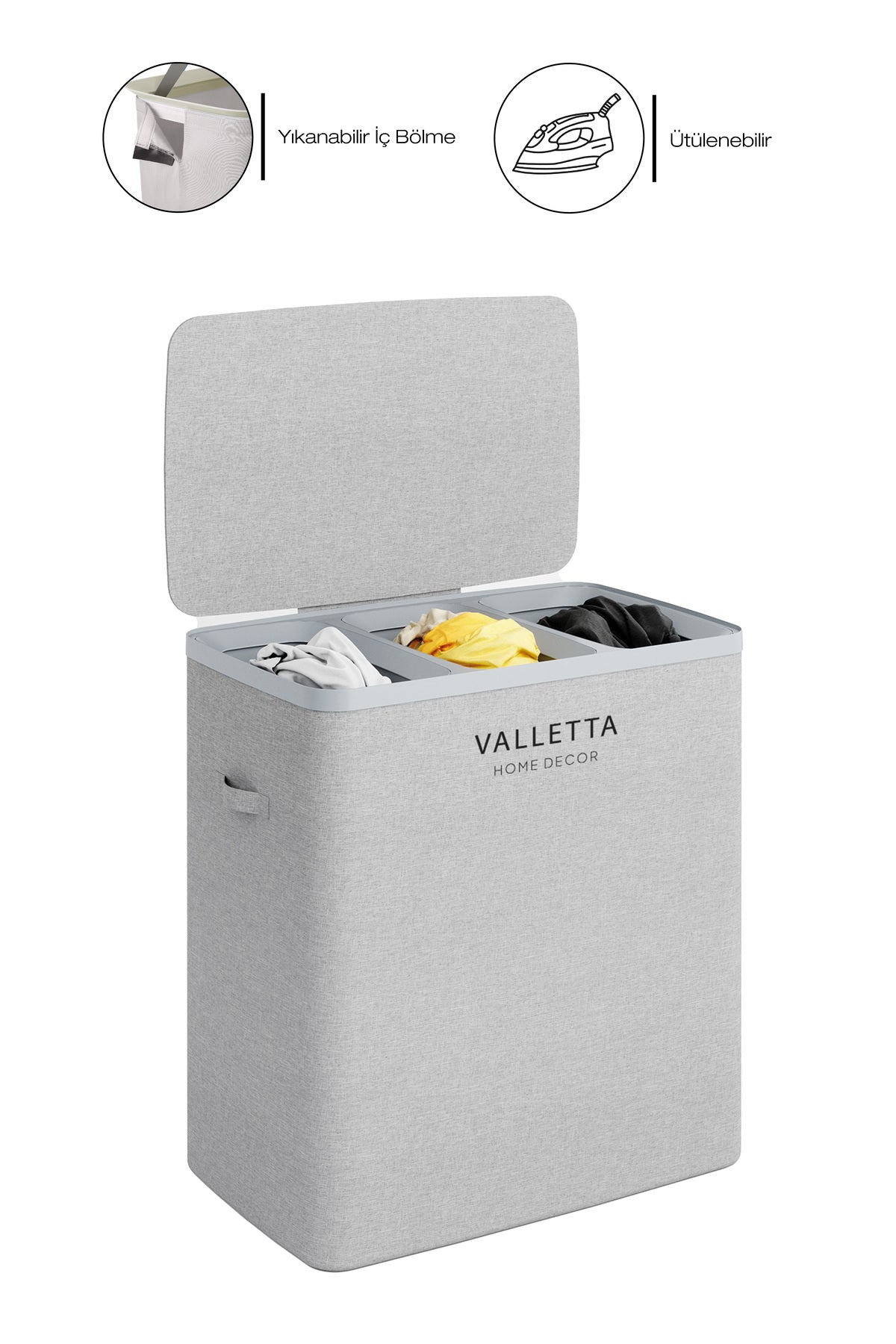 Paloma 120l Üç Yıkanabilir Bölmeli Katlanabilir Kumaş Kirli Çamaşır Sepeti Light Gray XL