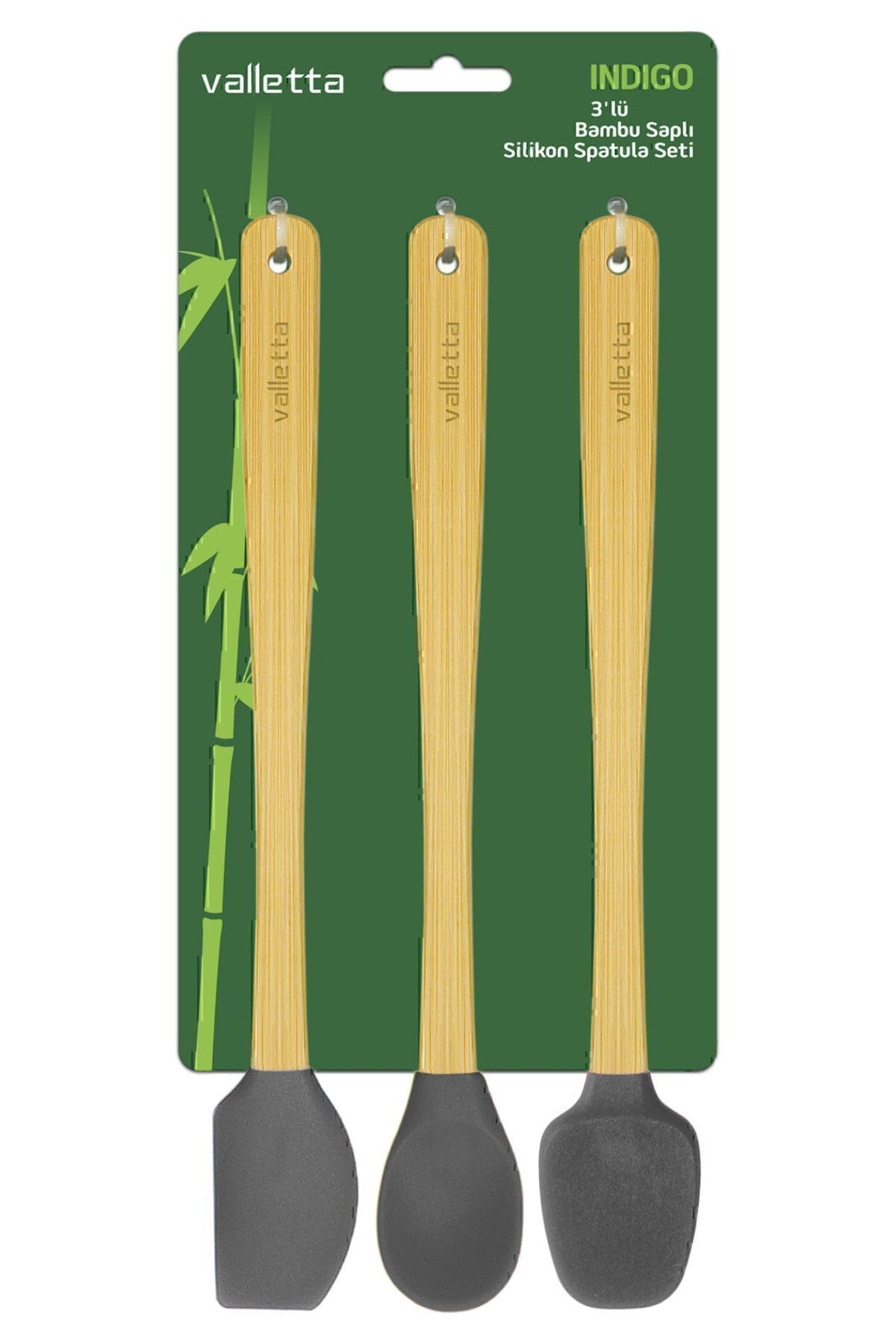 Indigo 3'lü Gri Bambu Silikon Spatula Seti Uzun 26 Cm